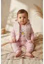 Kız Bebek Pembe Papatya Desenli 3lü Takım - Kapüşonlu Şişme Yelek, Sweatshirt ve Eşofman Altı Kombini