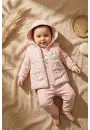 Kız Bebek Somon Papatya Desenli 3lü Takım - Kapüşonlu Şişme Yelek, Sweatshirt ve Eşofman Altı Kombini