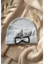 Teddy Charm Nakışlı ve Papyon Detaylı %100 Pamuklu Yumuşak Bebek Beresi - Gri Melanj Şık Bebek Aksesuarı