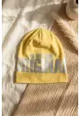 Nova Street Beyaz Pamuklu Bere - Sarı Gold Baskılı Hip-Hop Tarzı Unisex Modern Şapka 2-4 Yaş
