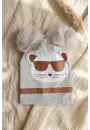 Mia Cool Cat Gri Sim Detaylı Çift Peluş 0-6 Ay Ponponlu Bebek ve Çocuk Beresi - Yumuşak Pamuklu Mevsimlik Şapka