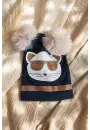 Mia Cool Cat Siyah Sim Detaylı Çift Peluş 0-6 Ay Ponponlu Bebek ve Çocuk Beresi - Yumuşak Pamuklu Mevsimlik Şapka