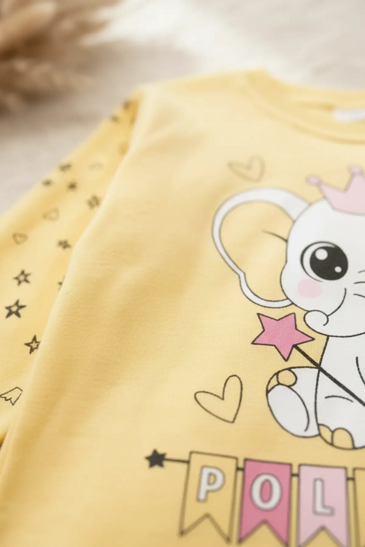 Taçlı Fil Desenli % 100 Pamuk Kız Çocuk Pijama Takımı
