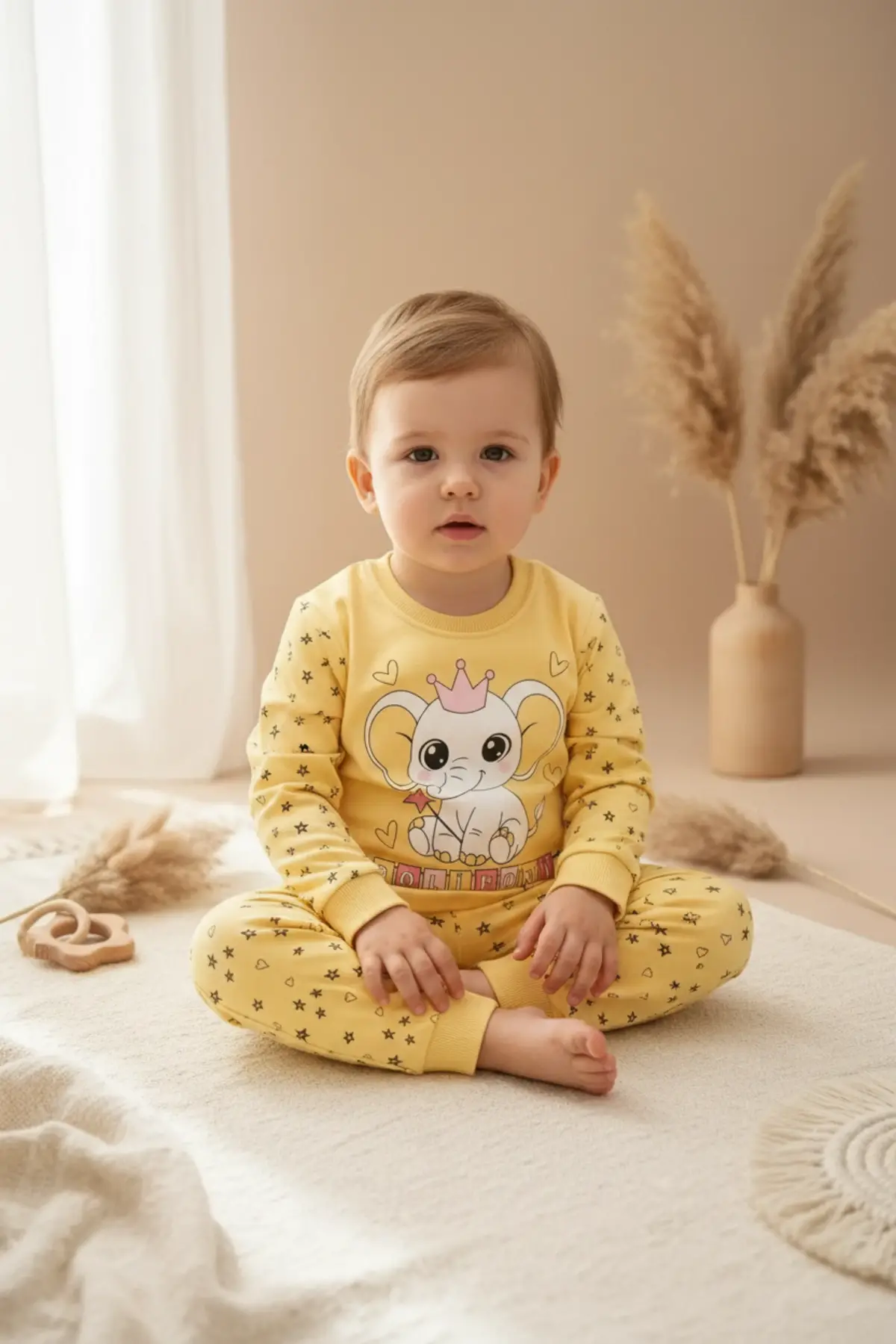 Taçlı Fil Desenli % 100 Pamuk Kız Çocuk Pijama Takımı