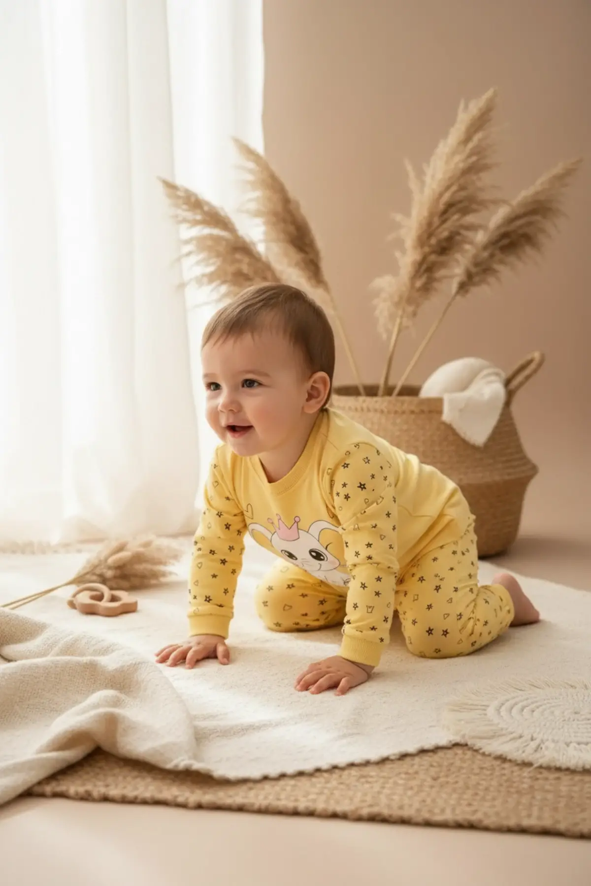 Taçlı Fil Desenli % 100 Pamuk Kız Çocuk Pijama Takımı