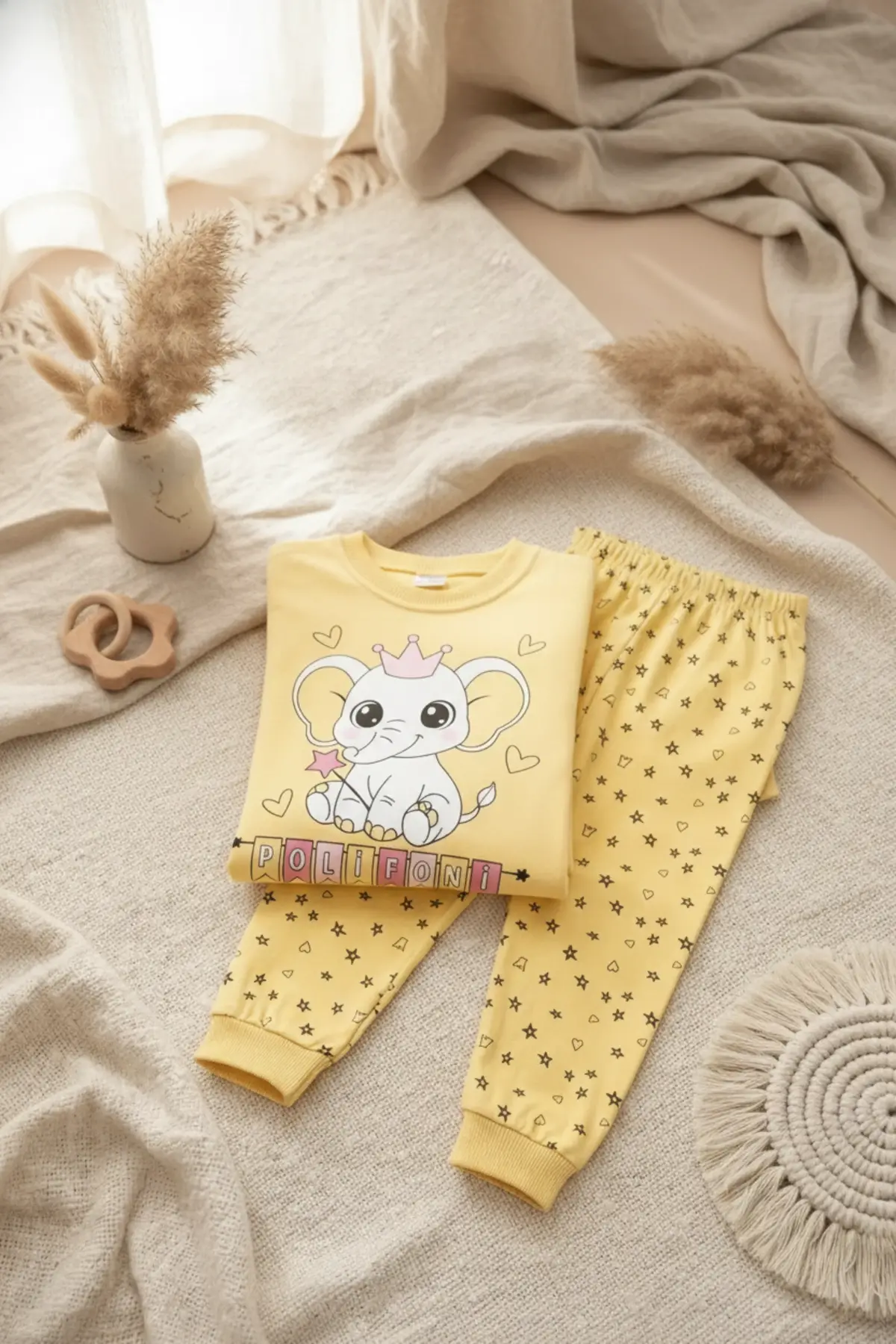 Taçlı Fil Desenli % 100 Pamuk Kız Çocuk Pijama Takımı