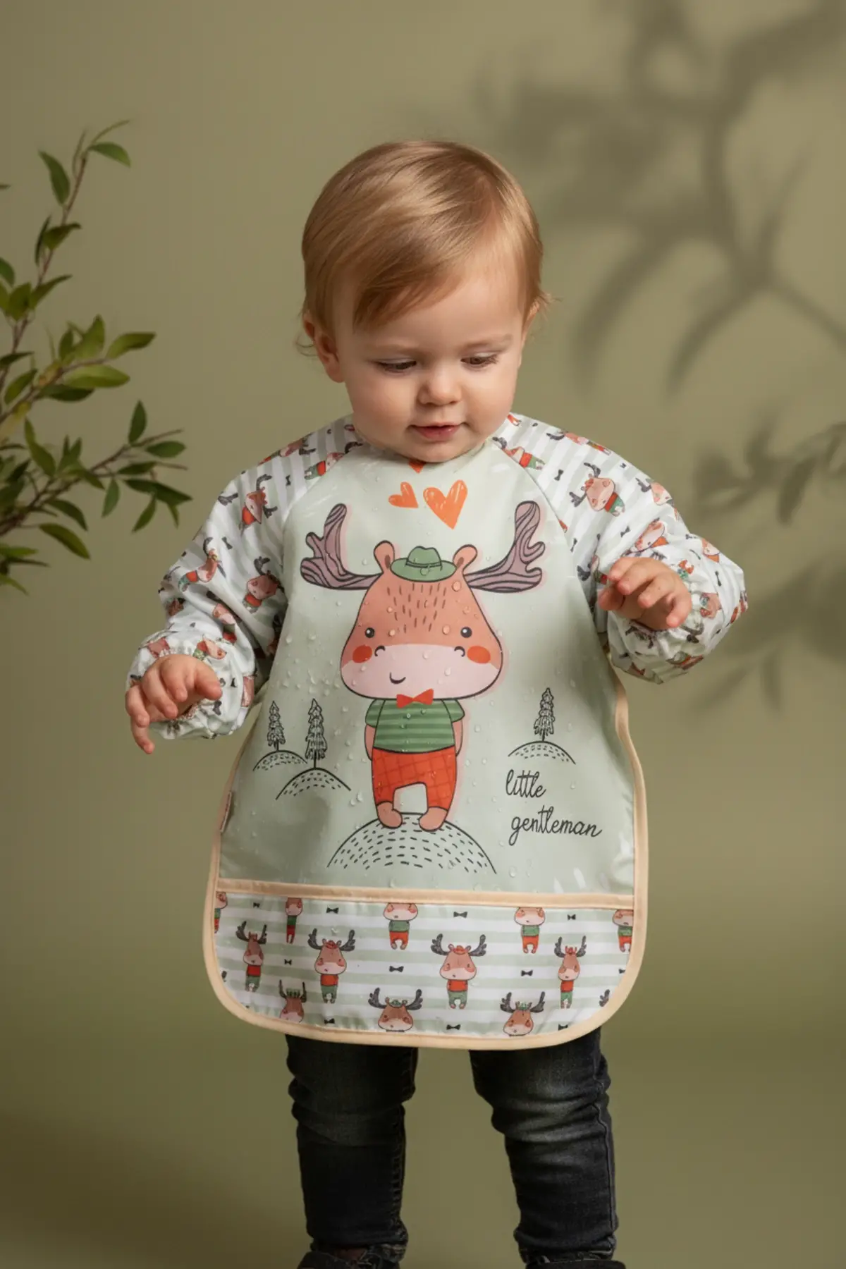 Geyik Desenli Sıvı Geçirmez Uzun Kollu Unisex Bebek Mama ve Aktivite Önlüğü 6-24 Ay