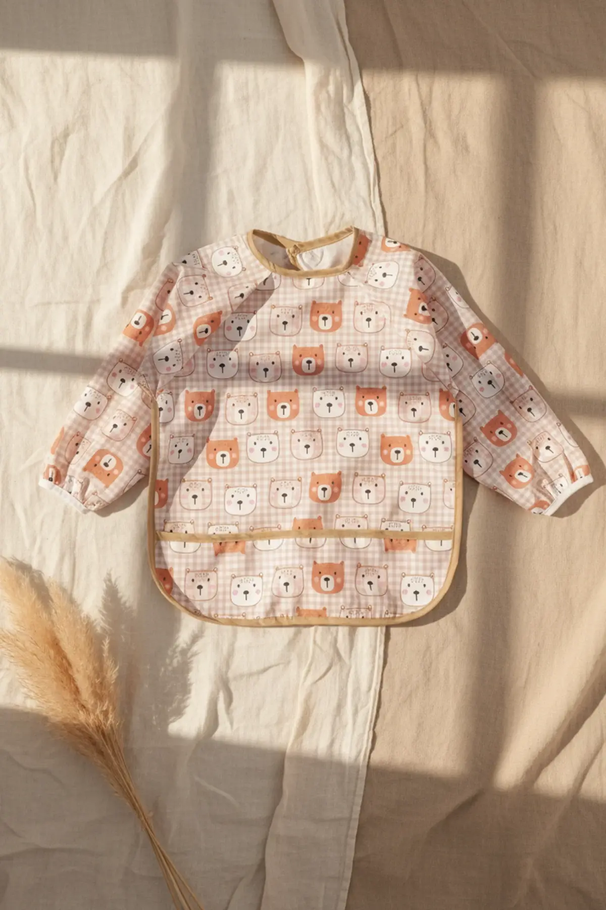 Teddy Guard Su Geçirmez Uzun Kollu Cepli Bebek Mama Önlüğü - Ayıcık Desenli BLW ve Aktivite Önlüğü