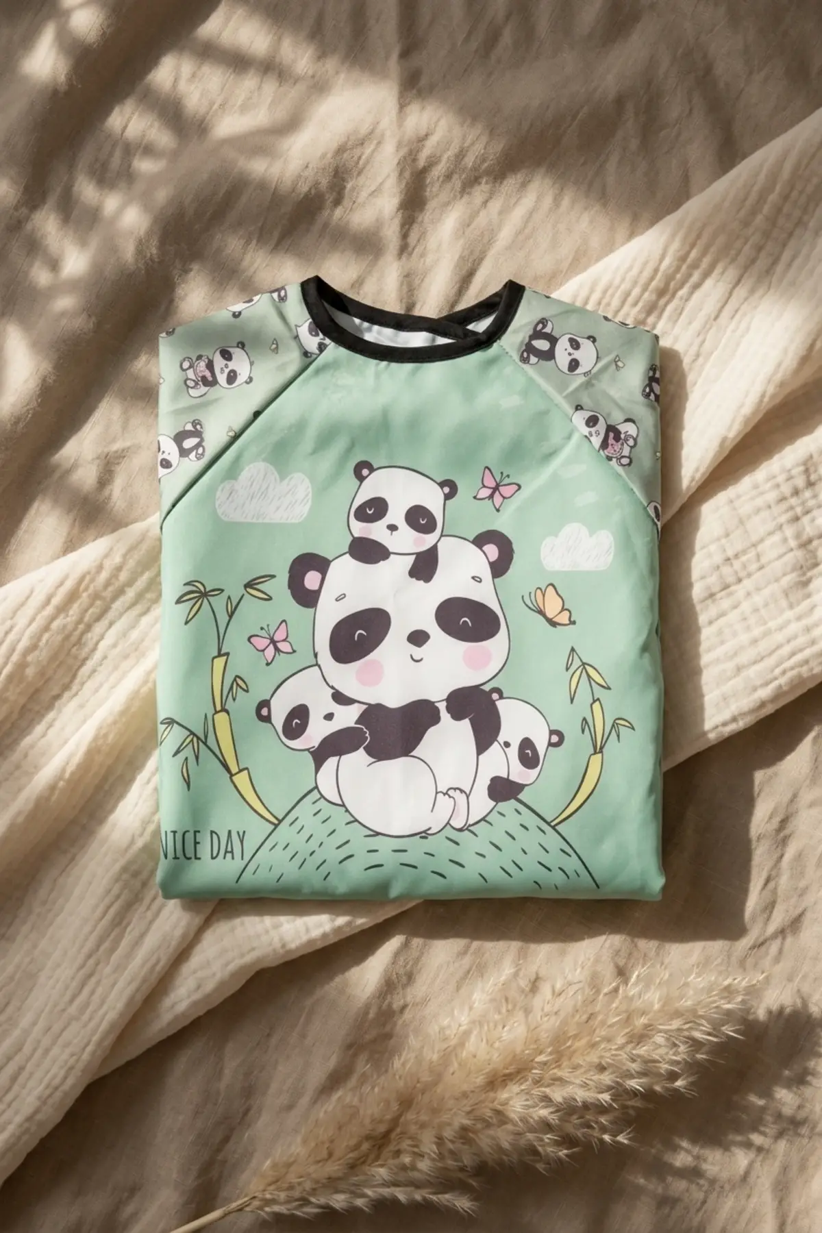 Panda Desenli Sıvı Geçirmez Kollu Mama Önlüğü 6-24 Ay - BLW Uyumlu, Leke Tutmayan Bebek Etkinlik Önlüğü