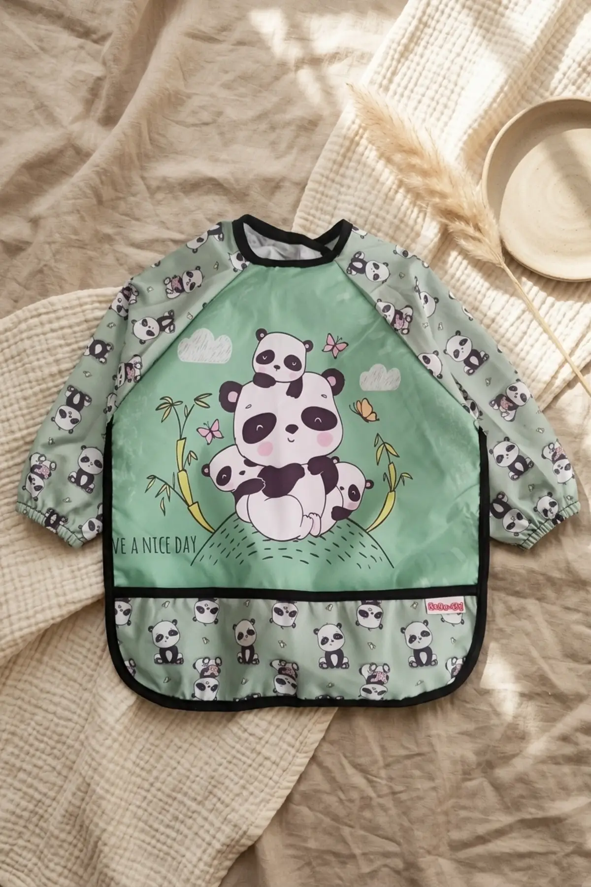 Panda Desenli Sıvı Geçirmez Kollu Mama Önlüğü 6-24 Ay - BLW Uyumlu, Leke Tutmayan Bebek Etkinlik Önlüğü