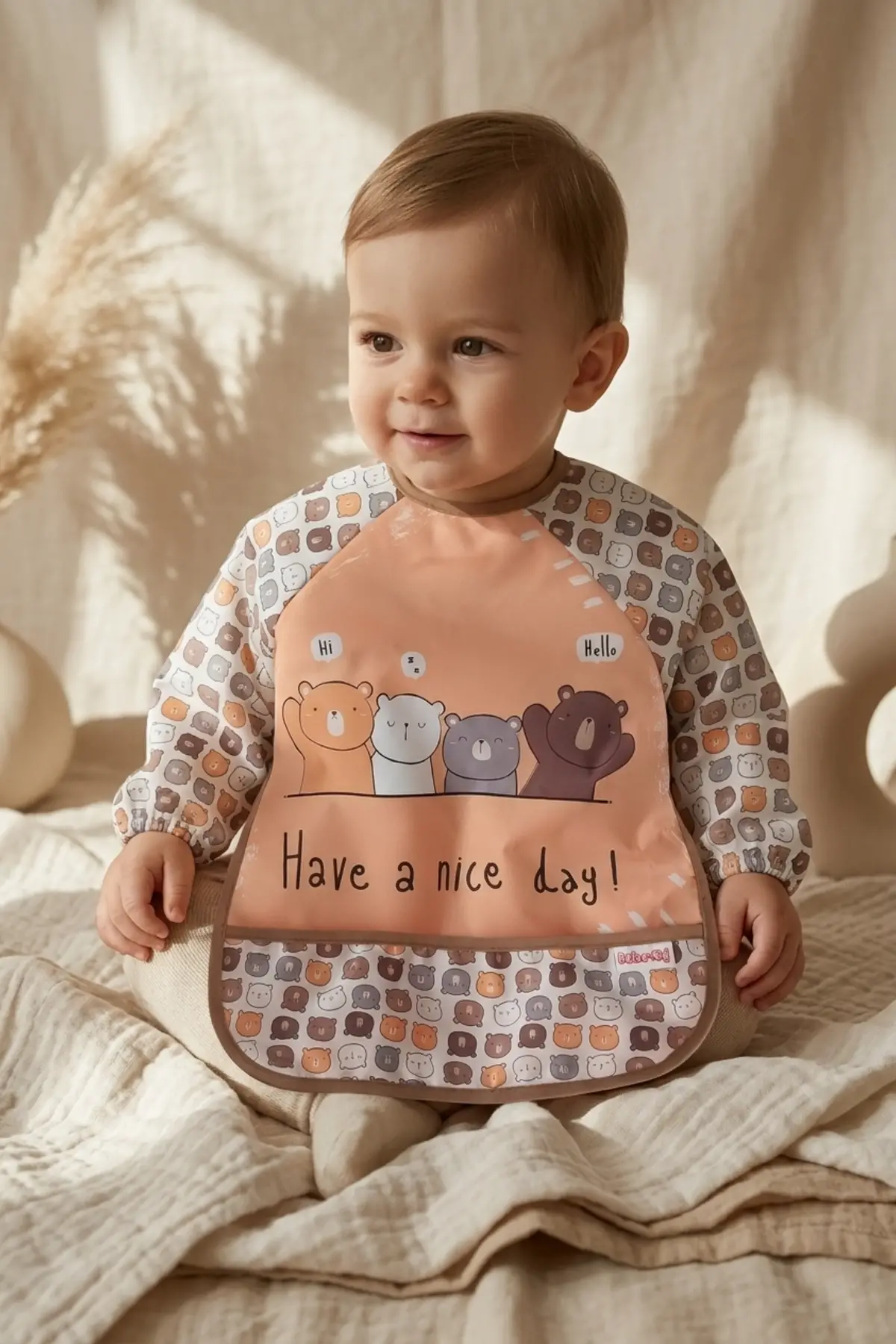 Beary Hugs Sıvı Geçirmez Bebek Mama Önlüğü 6-24 Ay - BLW Uyumlu, Leke Tutmaz Geniş Cepli Boho Bebek Önlüğü