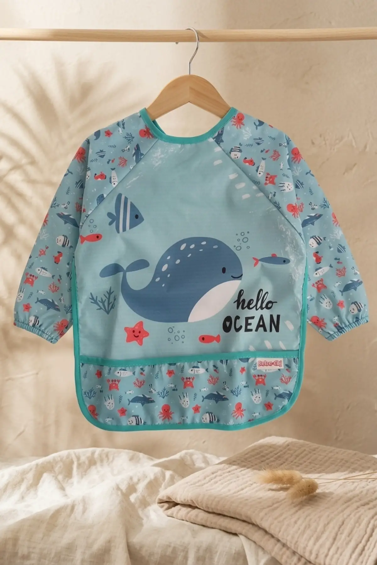 Marino Ocean Leke Tutmaz Sıvı Geçirmez Uzun Kollu Bebek Mama Önlüğü - Mavi Balina Desenli BLW ve Faaliyet Önlüğü 6-24 Ay