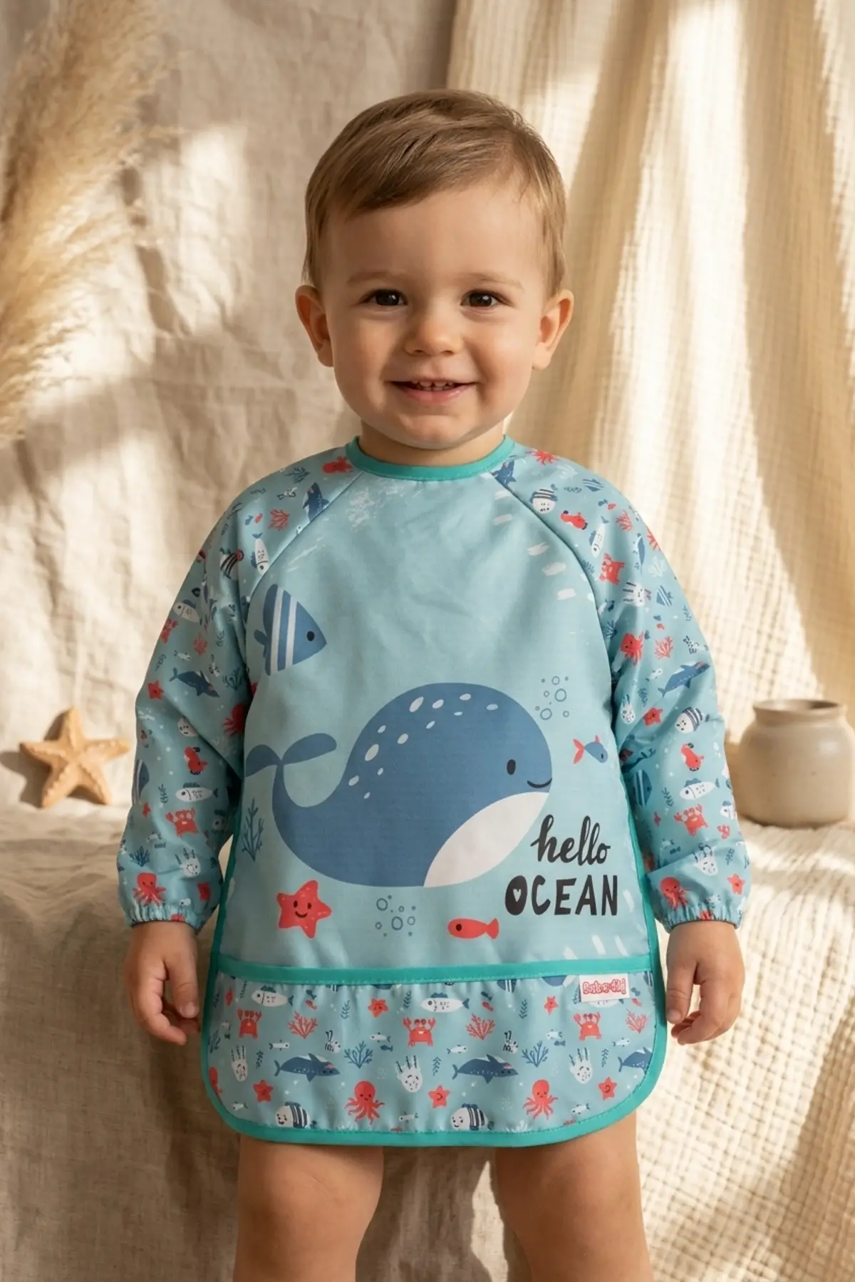 Marino Ocean Leke Tutmaz Sıvı Geçirmez Uzun Kollu Bebek Mama Önlüğü - Mavi Balina Desenli BLW ve Faaliyet Önlüğü 6-24 Ay