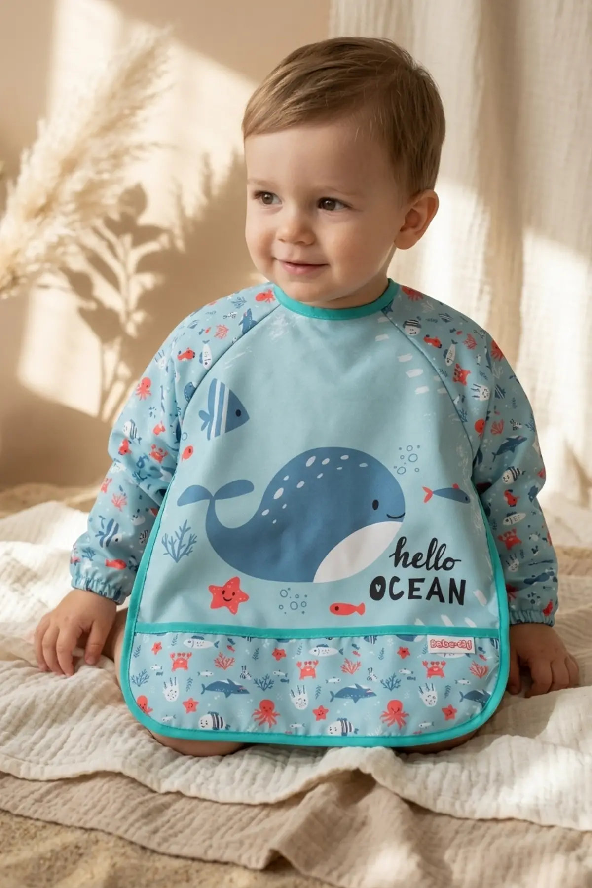 Marino Ocean Leke Tutmaz Sıvı Geçirmez Uzun Kollu Bebek Mama Önlüğü - Mavi Balina Desenli BLW ve Faaliyet Önlüğü 6-24 Ay