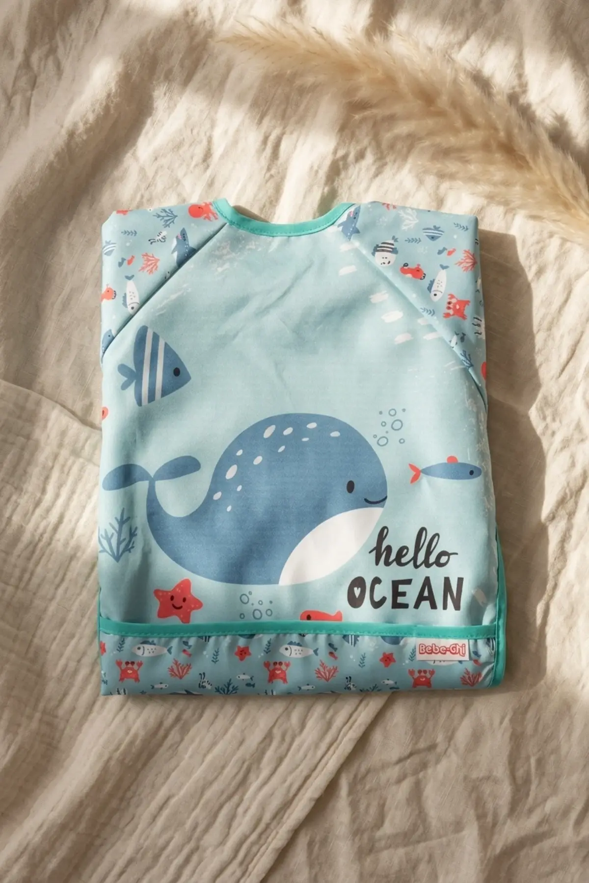 Marino Ocean Leke Tutmaz Sıvı Geçirmez Uzun Kollu Bebek Mama Önlüğü - Mavi Balina Desenli BLW ve Faaliyet Önlüğü 6-24 Ay