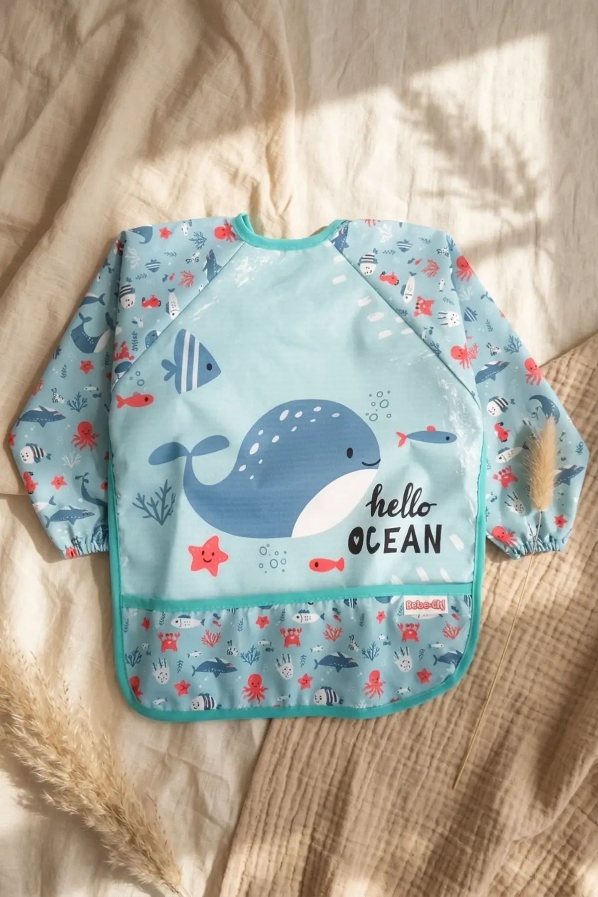 Marino Ocean Leke Tutmaz Sıvı Geçirmez Uzun Kollu Bebek Mama Önlüğü - Mavi Balina Desenli BLW ve Faaliyet Önlüğü 6-24 Ay
