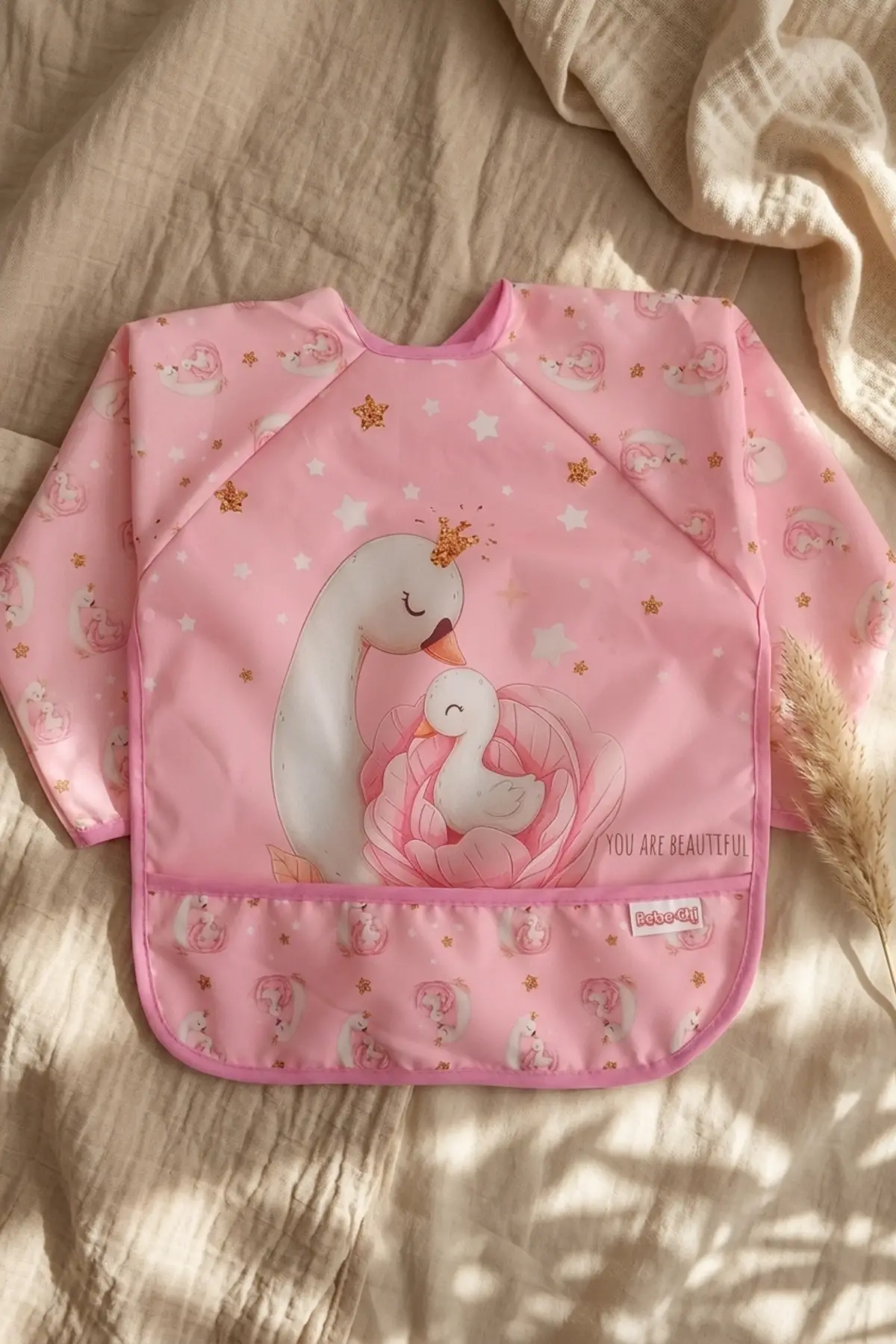 Swan Dream Toz Pembe Sıvı Geçirmez Kollu Bebek Mama Önlüğü - BLW Uyumlu Leke Tutmaz Ek Gıda Önlüğü 6-24 Ay