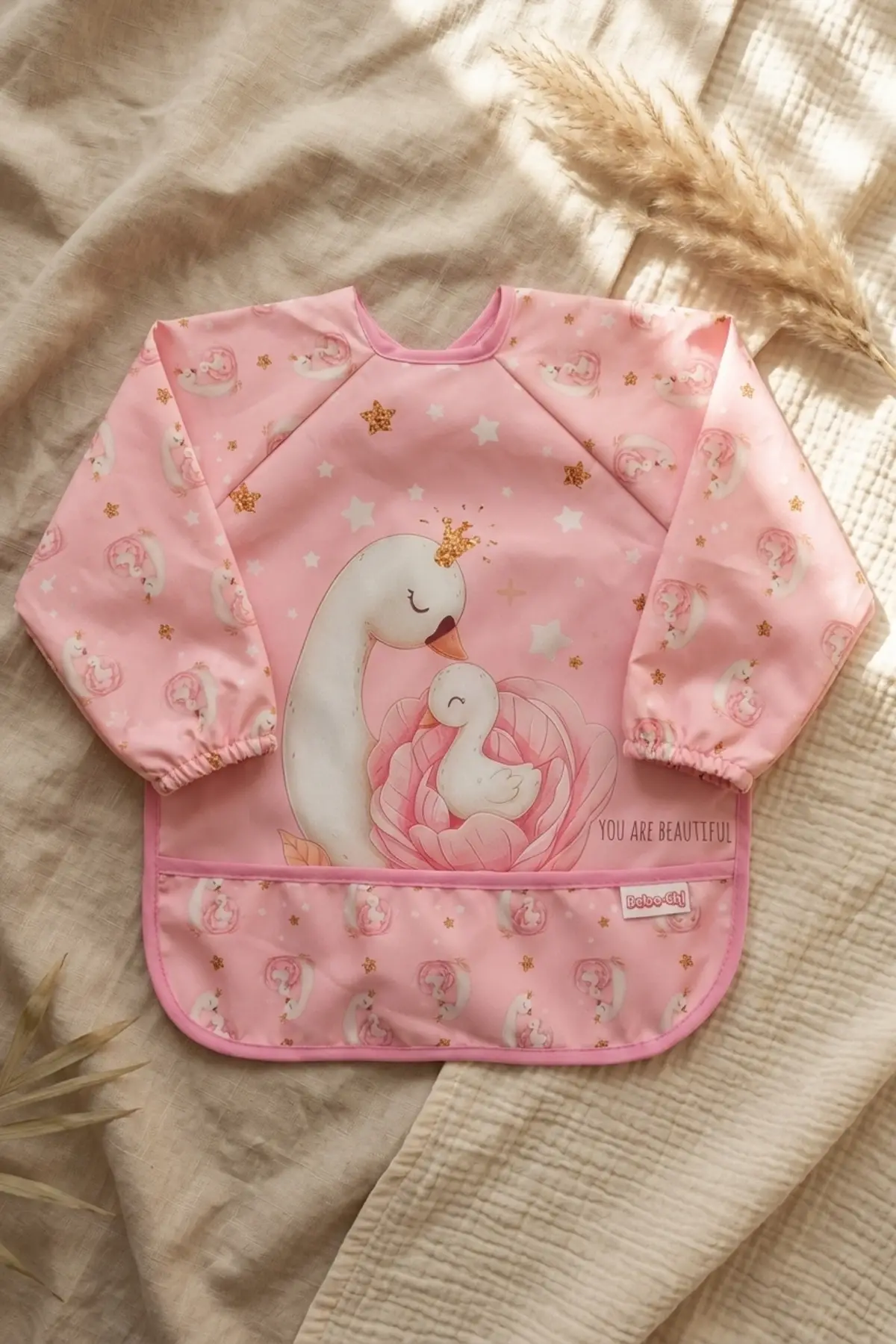 Swan Dream Toz Pembe Sıvı Geçirmez Kollu Bebek Mama Önlüğü - BLW Uyumlu Leke Tutmaz Ek Gıda Önlüğü 6-24 Ay