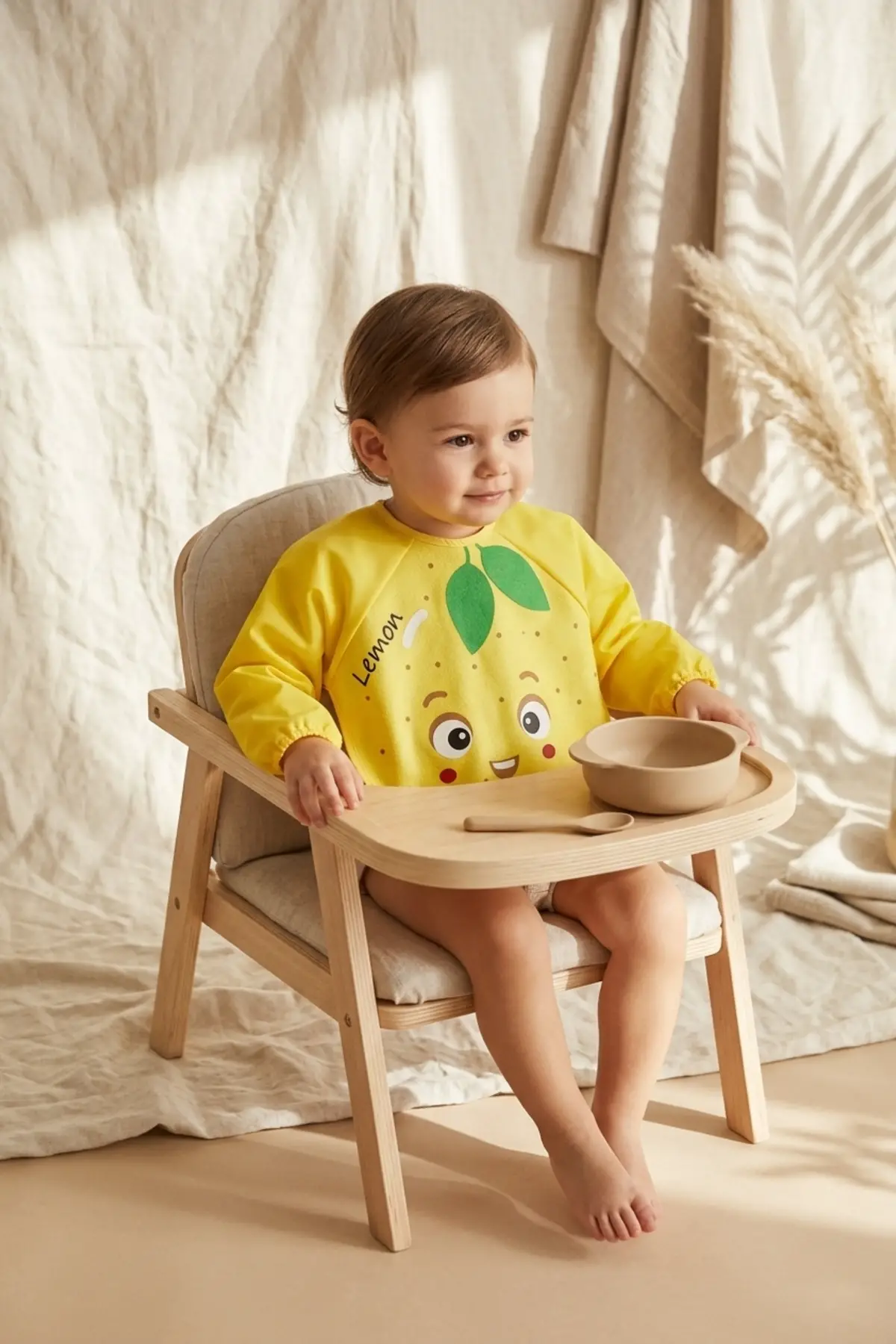 Sıvı Geçirmez Uzun Kollu Bebek Mama Önlüğü - Sevimli Limon Figürlü, BLW Uyumlu Leke Tutmaz Aktivite Önlüğü 6-24 Ay