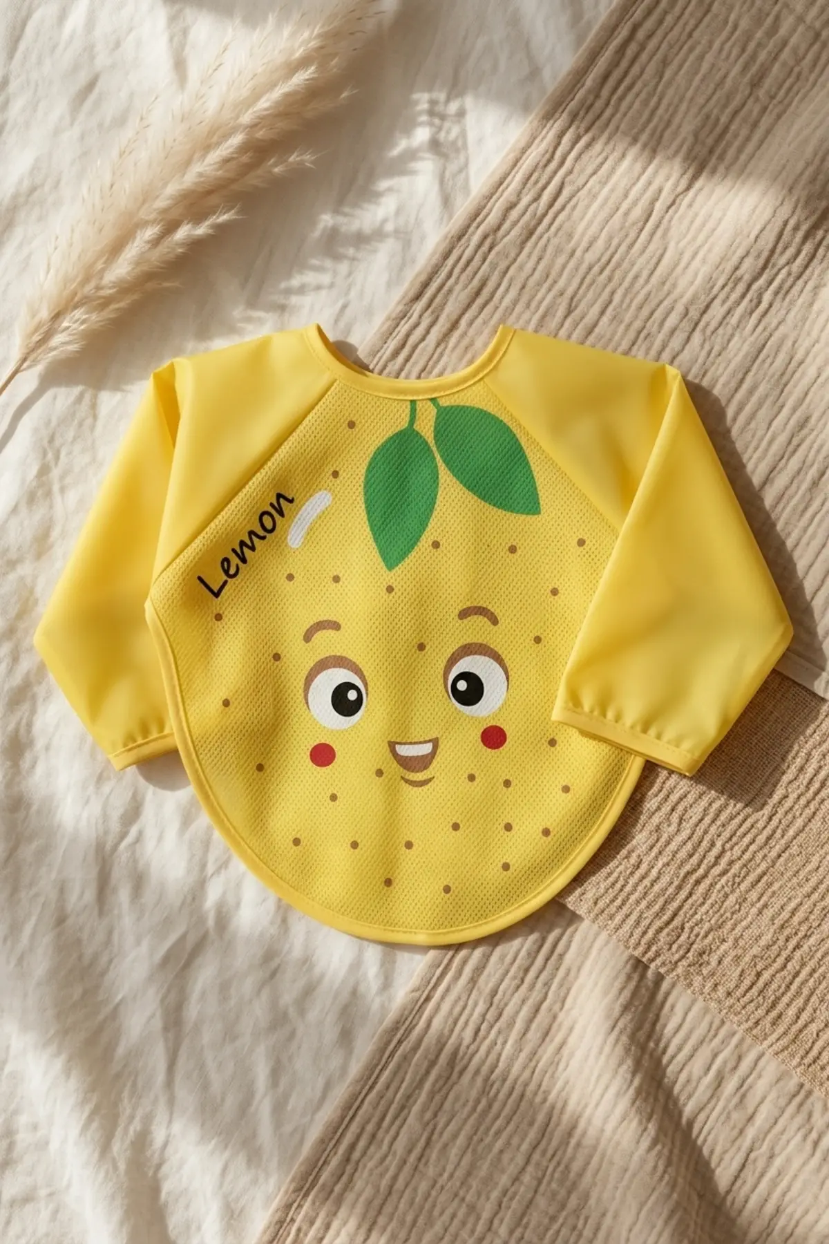 Sıvı Geçirmez Uzun Kollu Bebek Mama Önlüğü - Sevimli Limon Figürlü, BLW Uyumlu Leke Tutmaz Aktivite Önlüğü 6-24 Ay