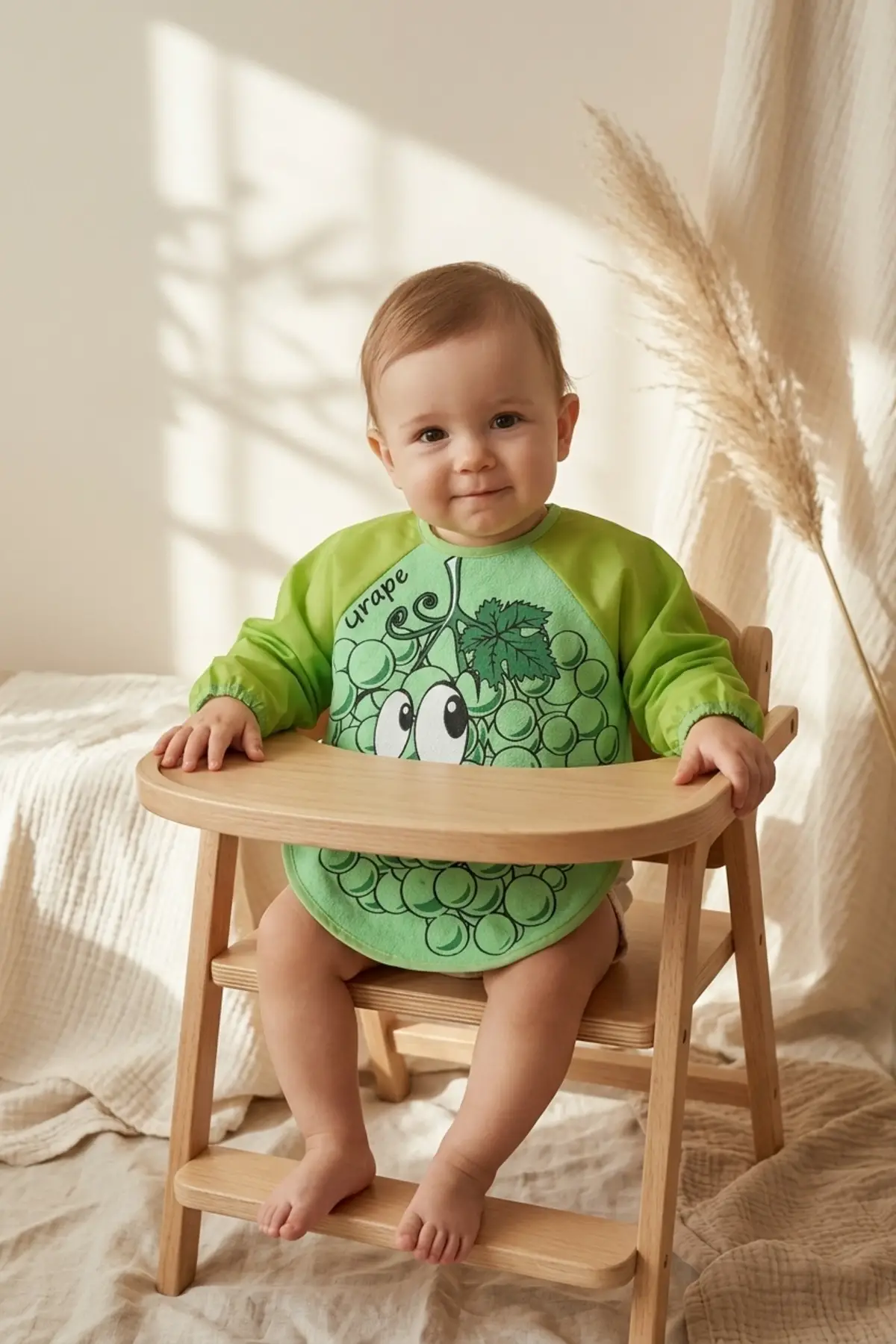 BerryJoy Unisex Yeşil Üzüm Karakterli Su Geçirmez Uzun Kollu Bebek BLW Mama Önlüğü ve Aktivite Smock 6-24 Ay