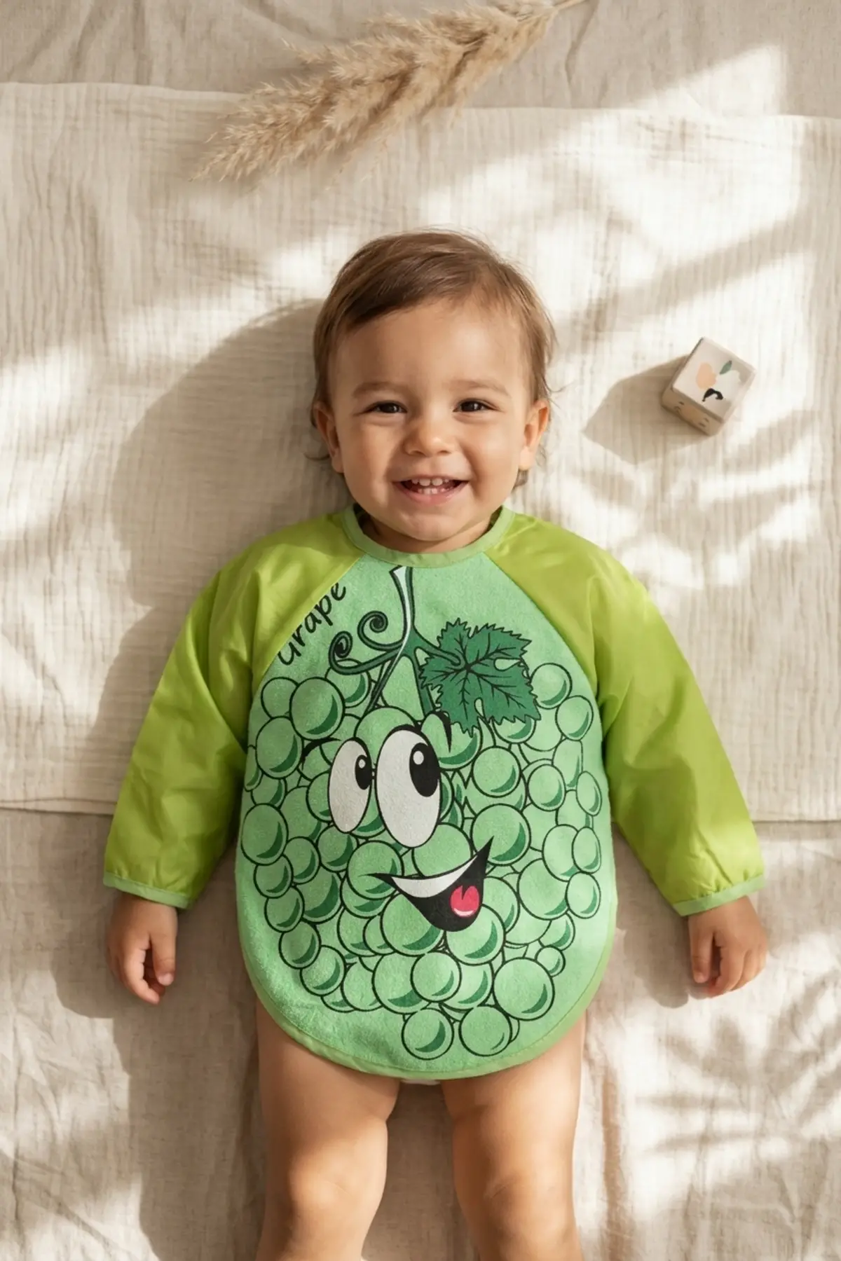 BerryJoy Unisex Yeşil Üzüm Karakterli Su Geçirmez Uzun Kollu Bebek BLW Mama Önlüğü ve Aktivite Smock 6-24 Ay
