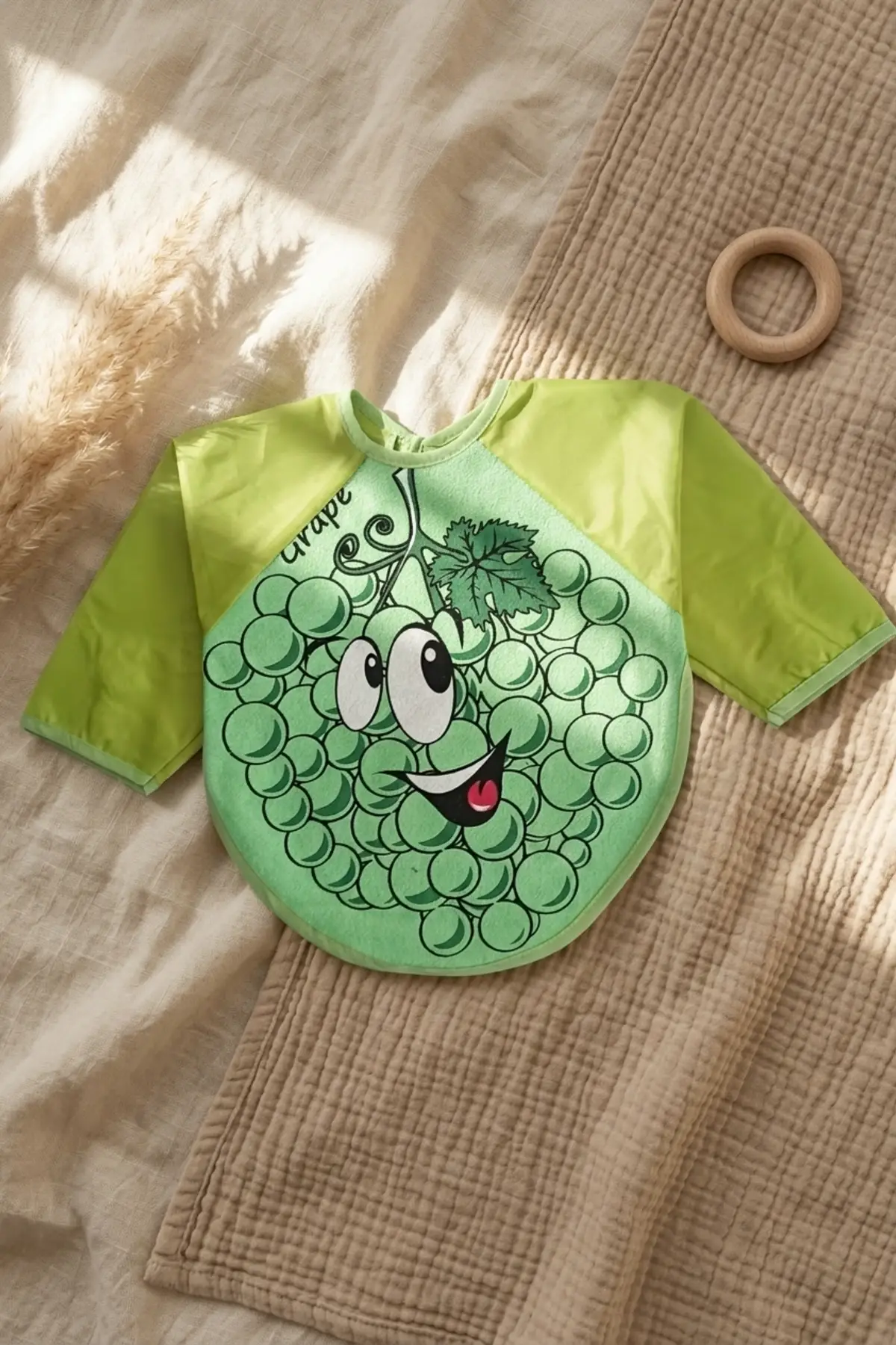BerryJoy Unisex Yeşil Üzüm Karakterli Su Geçirmez Uzun Kollu Bebek BLW Mama Önlüğü ve Aktivite Smock 6-24 Ay