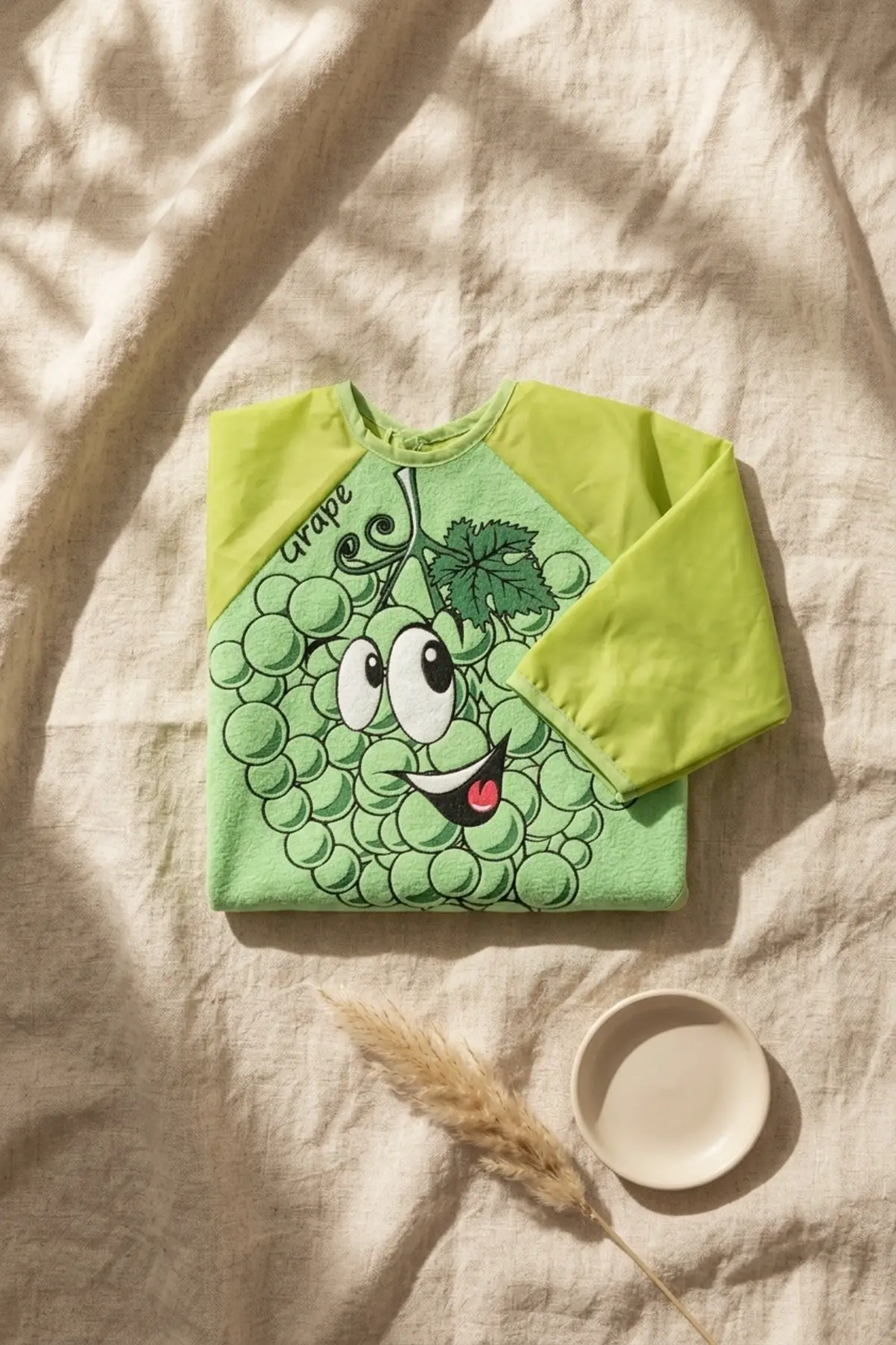 BerryJoy Unisex Yeşil Üzüm Karakterli Su Geçirmez Uzun Kollu Bebek BLW Mama Önlüğü ve Aktivite Smock 6-24 Ay
