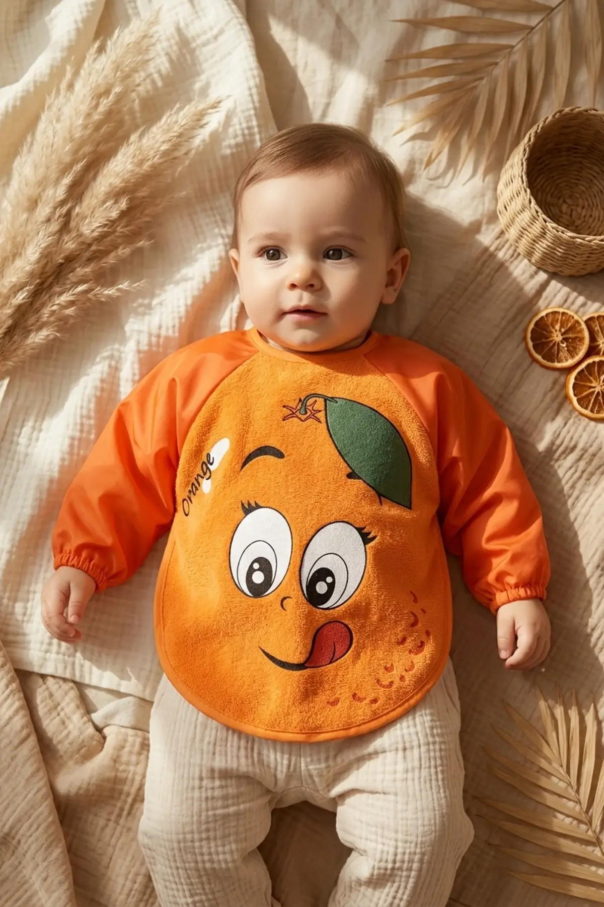 Zestie Turuncu Neşeli Portakal Desenli Uzun Kollu Sıvı Geçirmez Bebek Mama ve Etkinlik Önlüğü 6-24 Ay