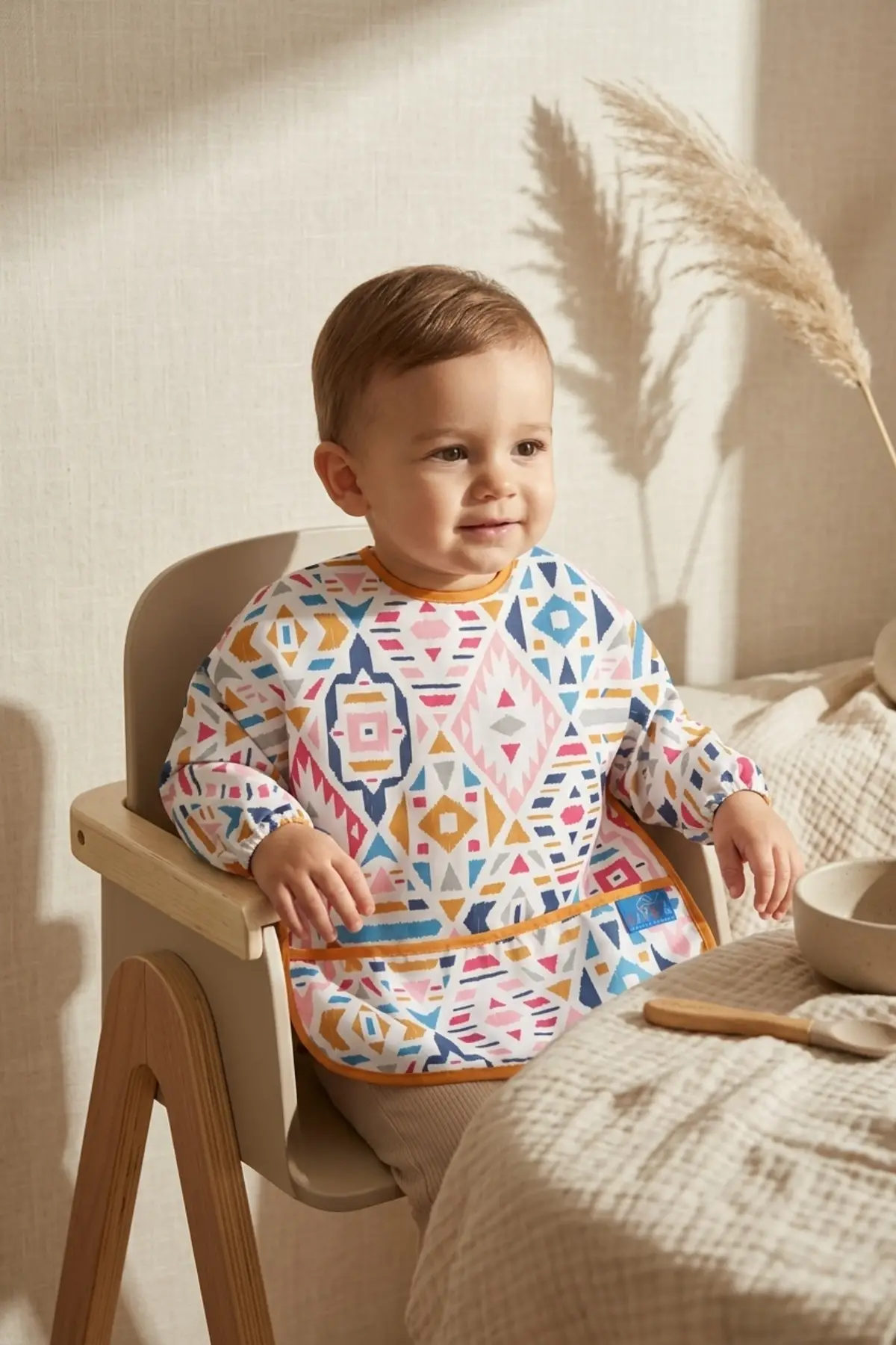 Boho Dream Etnik Desenli Sıvı Geçirmez Uzun Kollu Bebek Mama Önlüğü - BLW Uyumlu Kırıntı Cepli Mama Koruyucu 6-24 Ay
