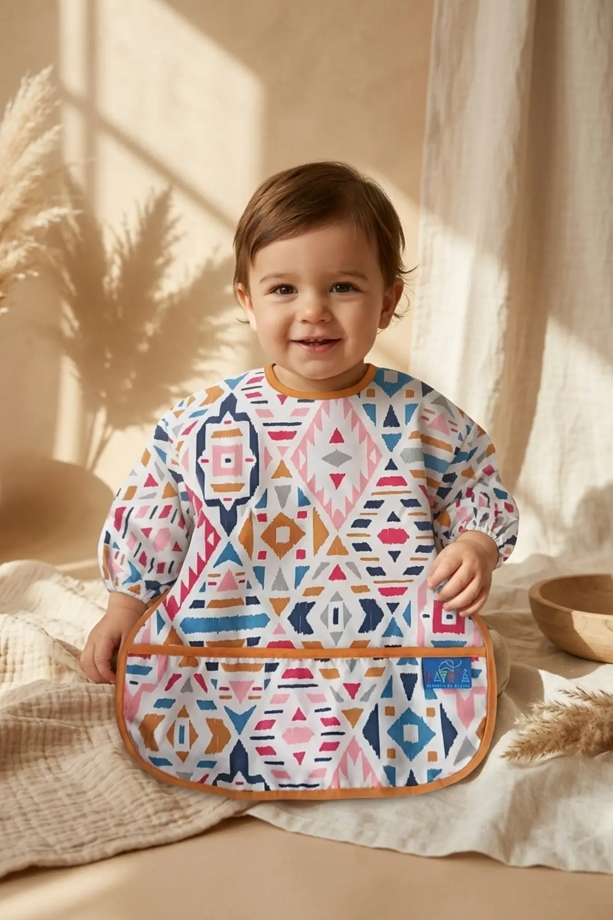 Boho Dream Etnik Desenli Sıvı Geçirmez Uzun Kollu Bebek Mama Önlüğü - BLW Uyumlu Kırıntı Cepli Mama Koruyucu 6-24 Ay