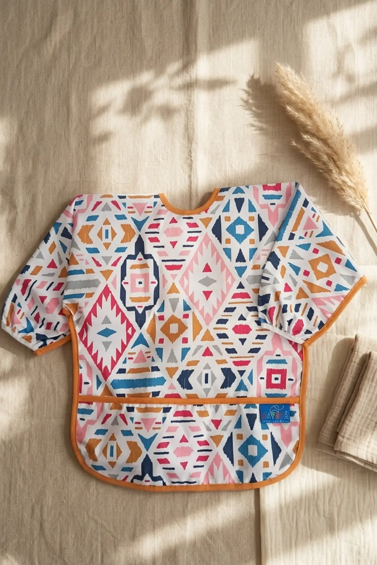 Boho Dream Etnik Desenli Sıvı Geçirmez Uzun Kollu Bebek Mama Önlüğü - BLW Uyumlu Kırıntı Cepli Mama Koruyucu 6-24 Ay