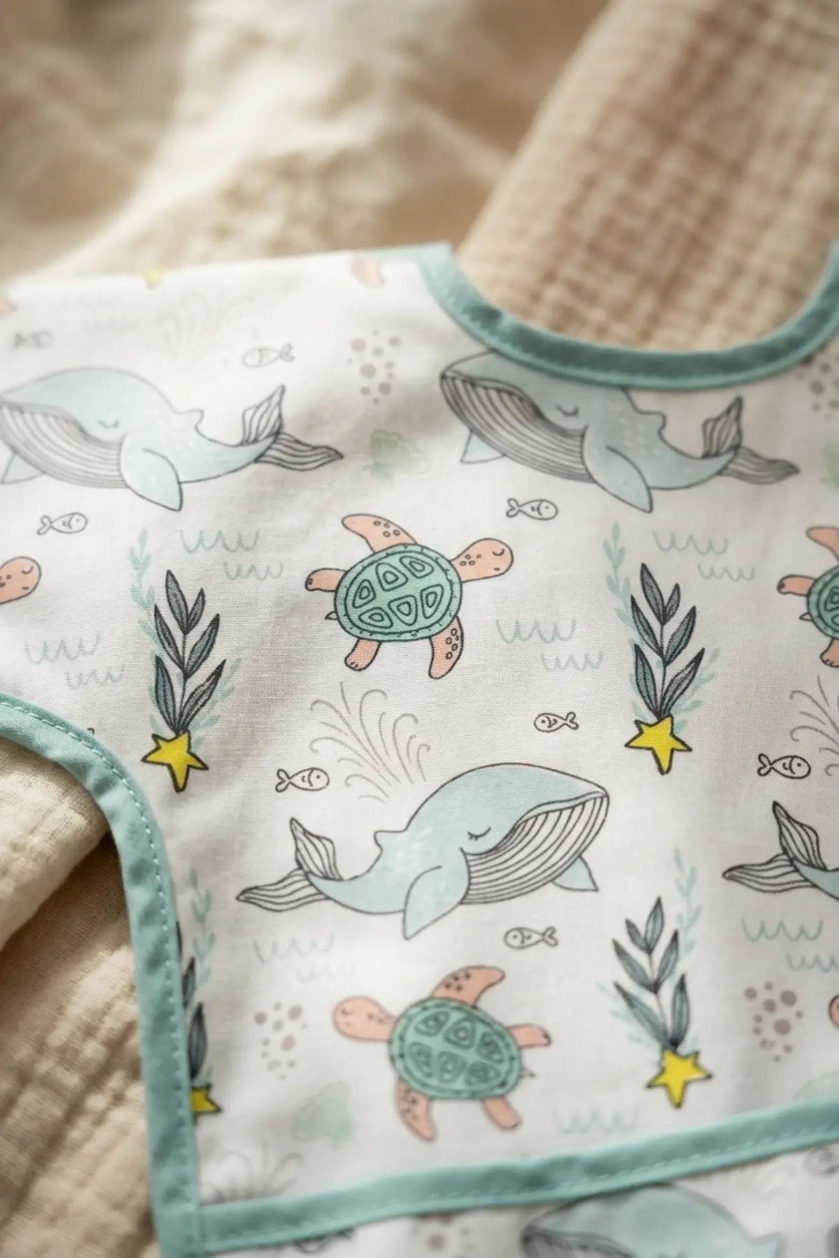 Ocean Dream Sıvı Geçirmez Cepli Uzun Kollu Leke Tutmaz Bebek Mama ve Sanat Önlüğü - Balina Desenli 6-24 Ay