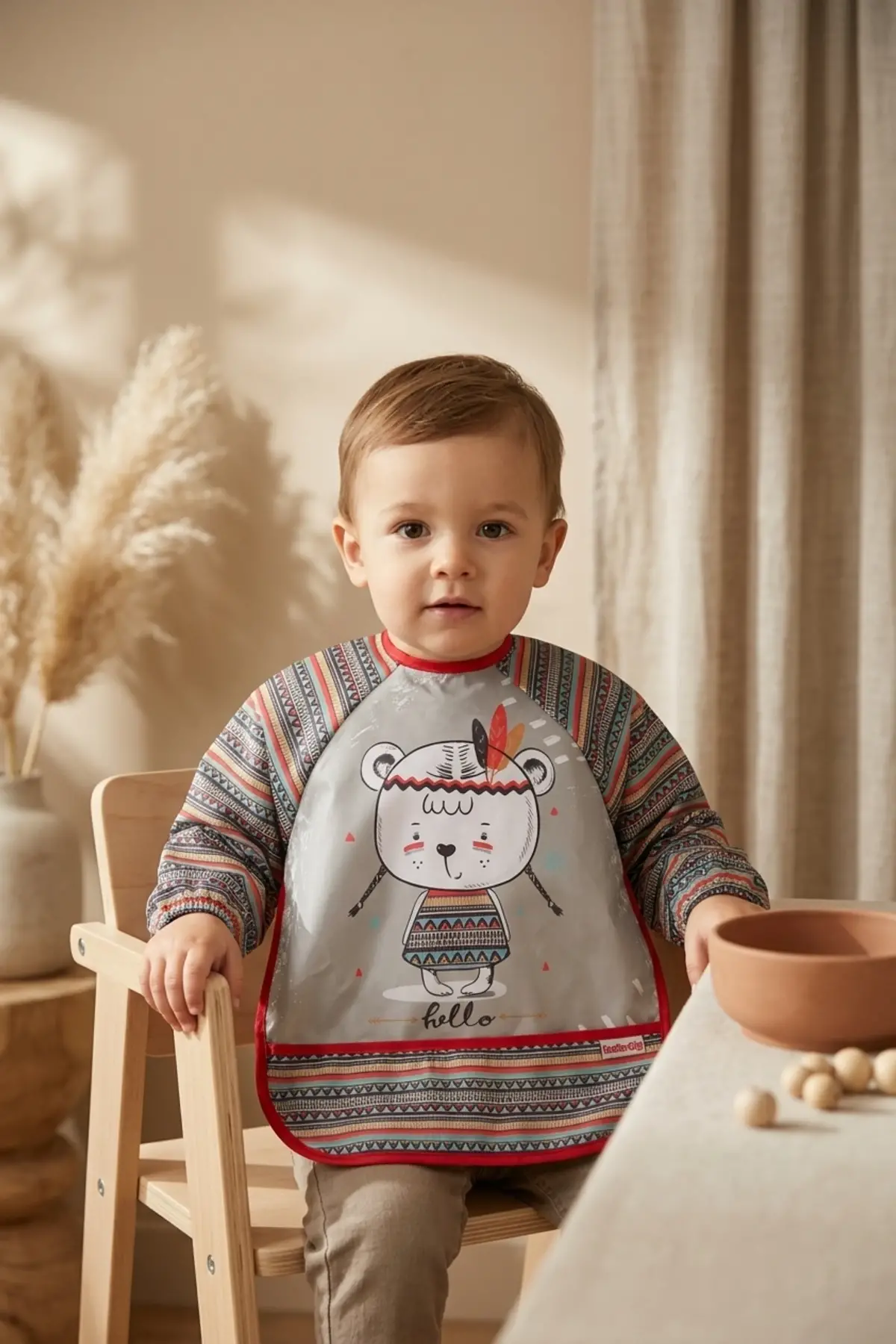 Tribal Bear Serisi Sıvı Geçirmez Uzun Kollu Bebek Mama ve Etkinlik Önlüğü - Boho Tasarım Kırıntı Cepli Smock 6-24 Ay