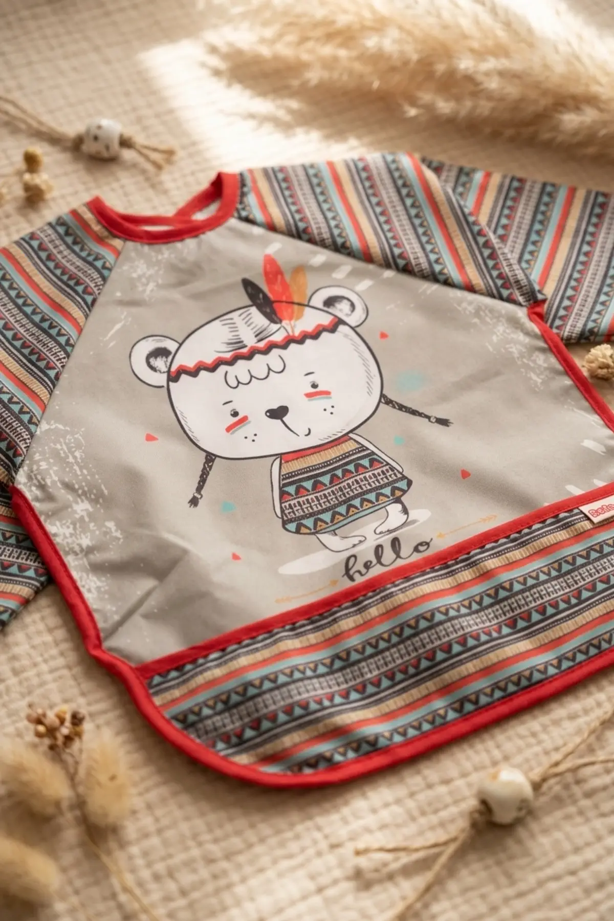 Tribal Bear Serisi Sıvı Geçirmez Uzun Kollu Bebek Mama ve Etkinlik Önlüğü - Boho Tasarım Kırıntı Cepli Smock 6-24 Ay