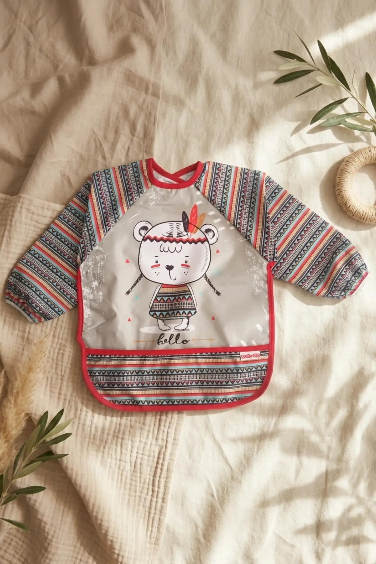 Tribal Bear Serisi Sıvı Geçirmez Uzun Kollu Bebek Mama ve Etkinlik Önlüğü - Boho Tasarım Kırıntı Cepli Smock 6-24 Ay