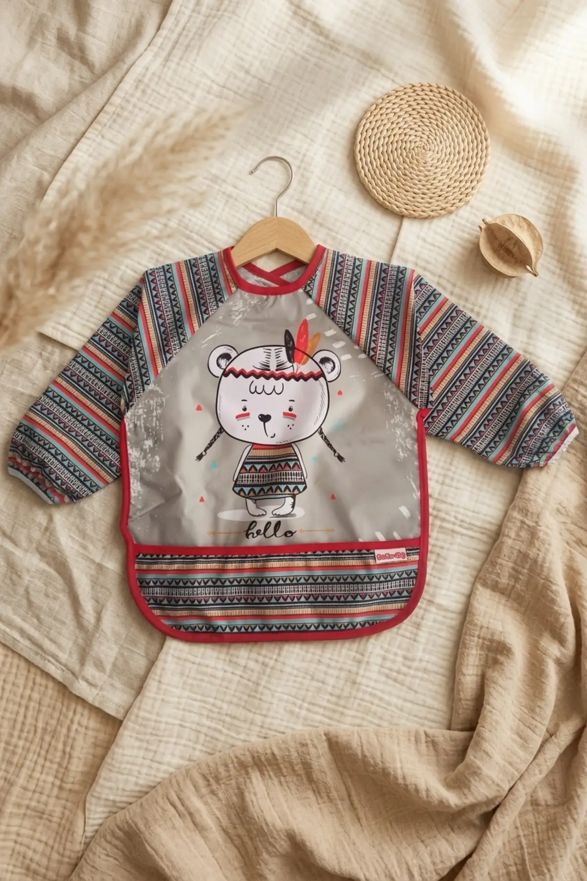 Tribal Bear Serisi Sıvı Geçirmez Uzun Kollu Bebek Mama ve Etkinlik Önlüğü - Boho Tasarım Kırıntı Cepli Smock 6-24 Ay