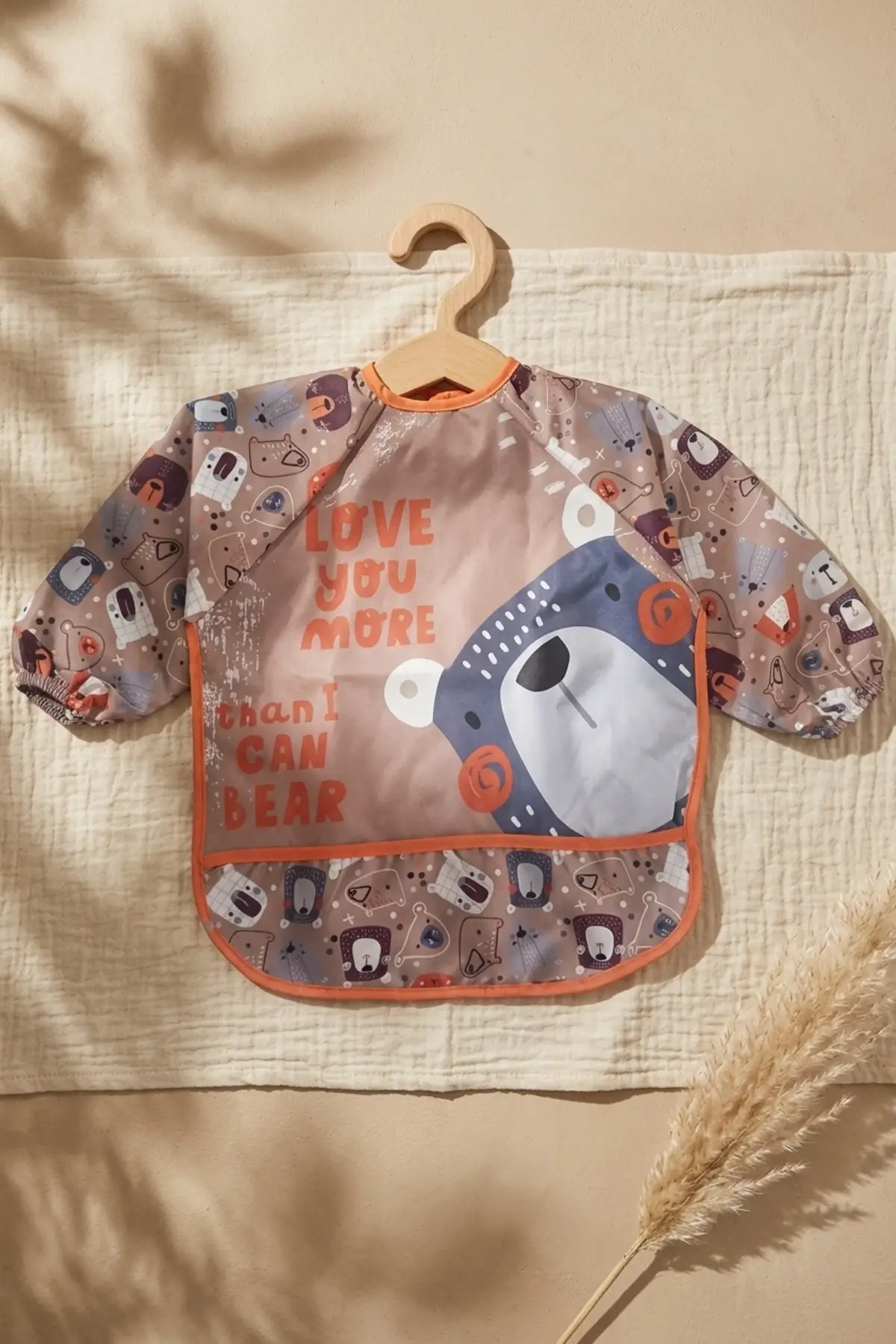 Tribal Bear Serisi Sıvı Geçirmez Uzun Kollu Bebek Mama ve Etkinlik Önlüğü - Boho Tasarım Kırıntı Cepli Smock 6-24 Ay