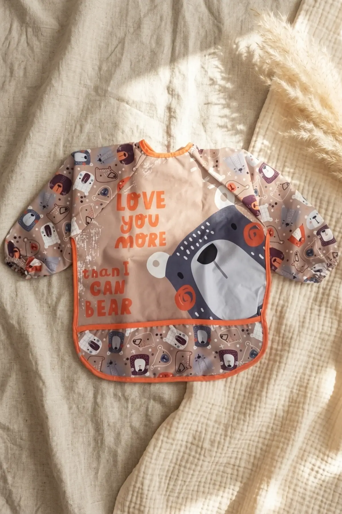 Tribal Bear Serisi Sıvı Geçirmez Uzun Kollu Bebek Mama ve Etkinlik Önlüğü - Boho Tasarım Kırıntı Cepli Smock 6-24 Ay
