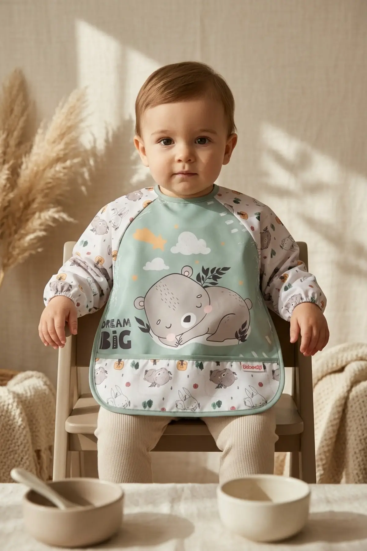 TinyBear Dream Big Su Geçirmez Uzun Kollu Mama Önlüğü - Mint Yeşili BLW Uyumlu Bebek Ek Gıda Önlüğü 6-24 Ay