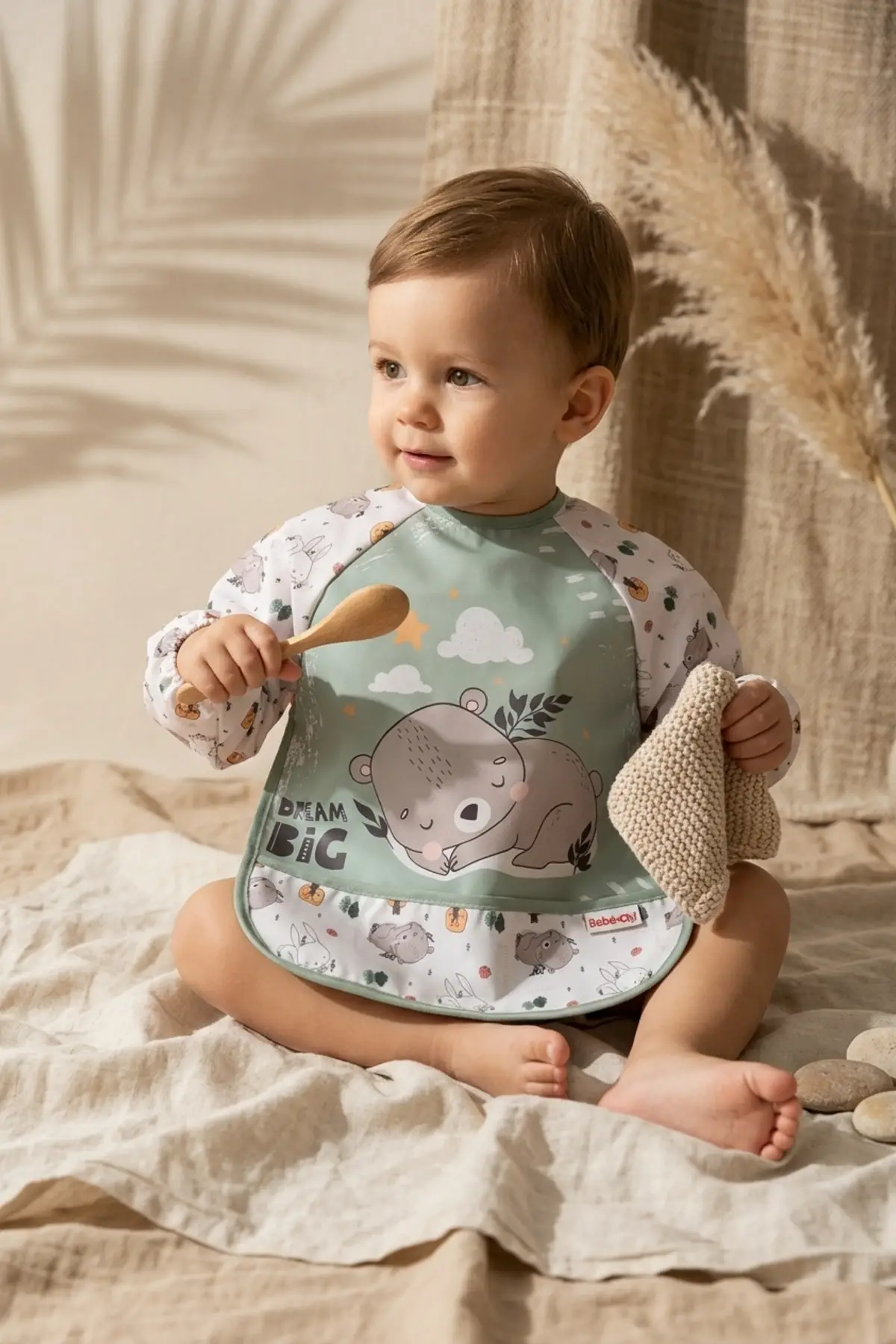 TinyBear Dream Big Su Geçirmez Uzun Kollu Mama Önlüğü - Mint Yeşili BLW Uyumlu Bebek Ek Gıda Önlüğü 6-24 Ay