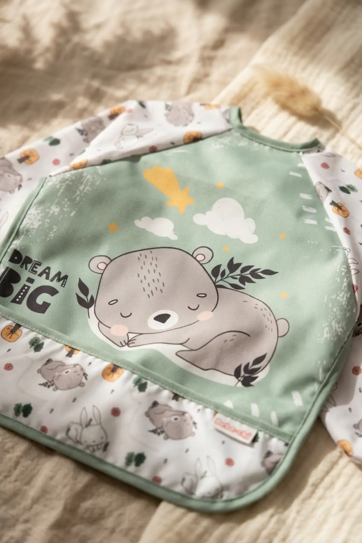TinyBear Dream Big Su Geçirmez Uzun Kollu Mama Önlüğü - Mint Yeşili BLW Uyumlu Bebek Ek Gıda Önlüğü 6-24 Ay