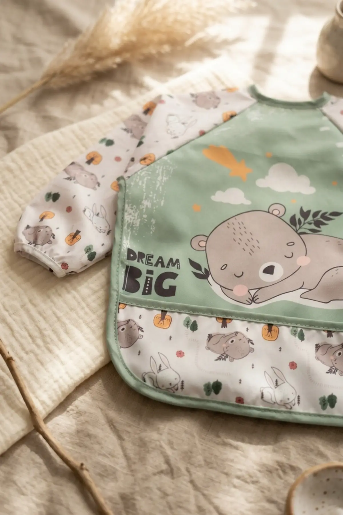TinyBear Dream Big Su Geçirmez Uzun Kollu Mama Önlüğü - Mint Yeşili BLW Uyumlu Bebek Ek Gıda Önlüğü 6-24 Ay
