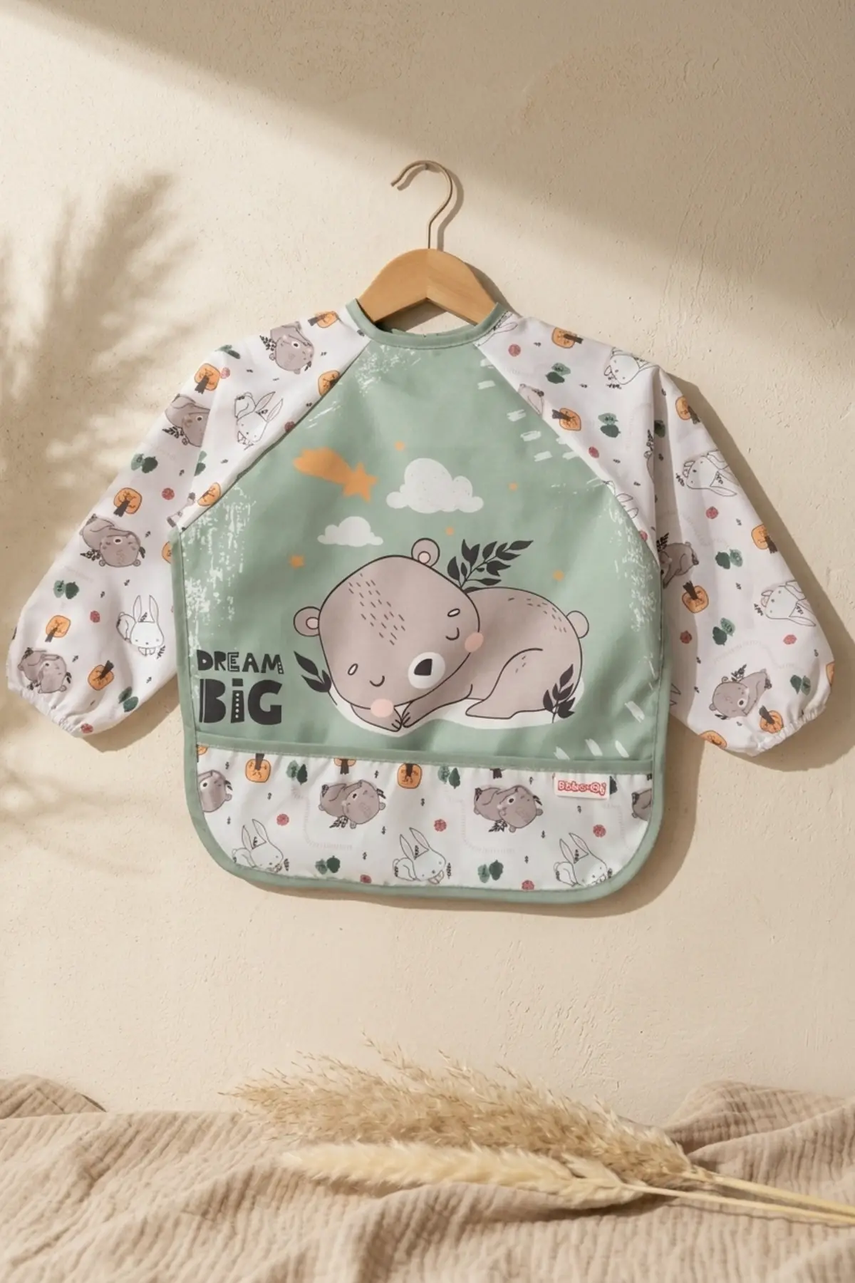 TinyBear Dream Big Su Geçirmez Uzun Kollu Mama Önlüğü - Mint Yeşili BLW Uyumlu Bebek Ek Gıda Önlüğü 6-24 Ay