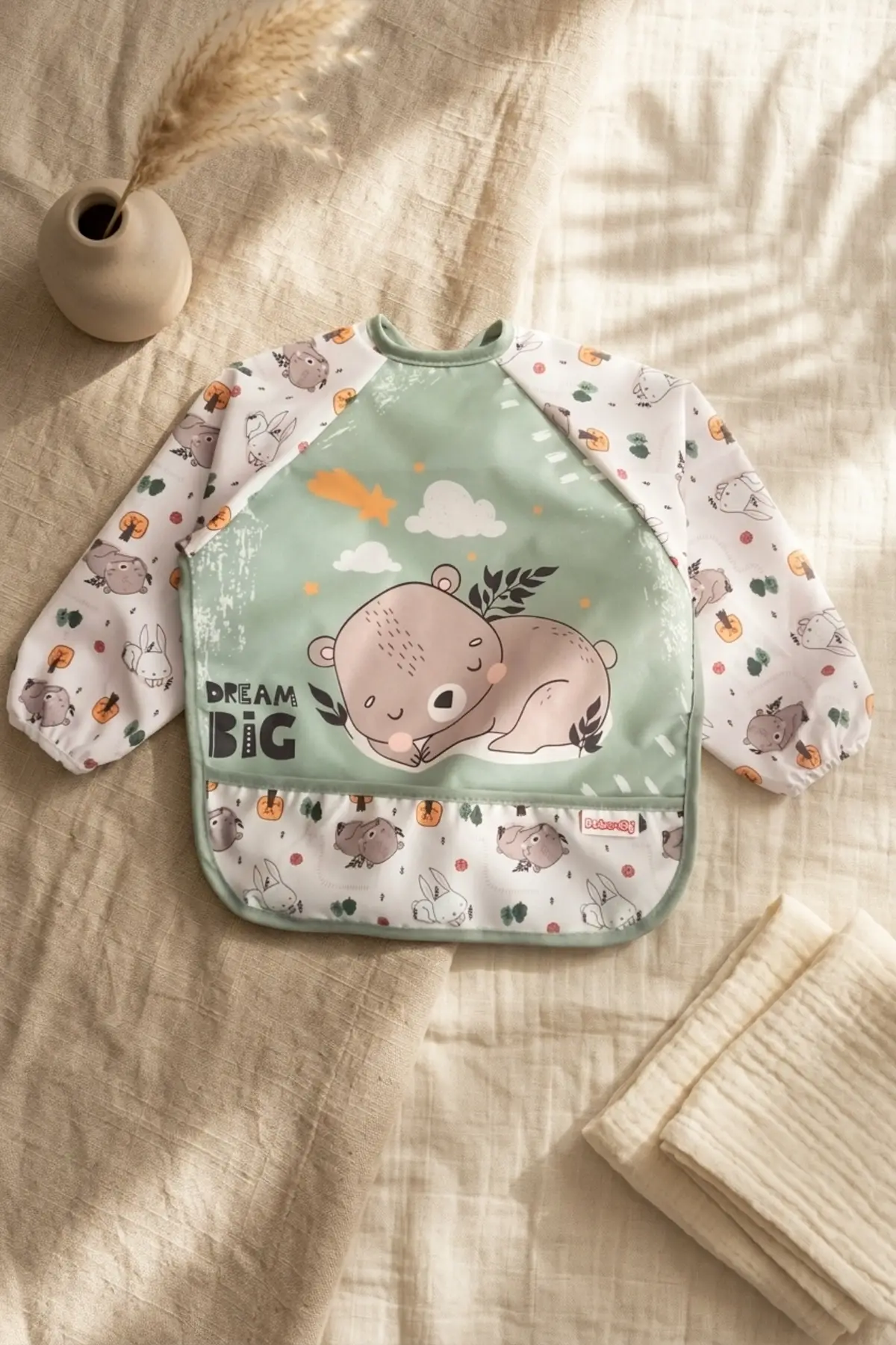 TinyBear Dream Big Su Geçirmez Uzun Kollu Mama Önlüğü - Mint Yeşili BLW Uyumlu Bebek Ek Gıda Önlüğü 6-24 Ay