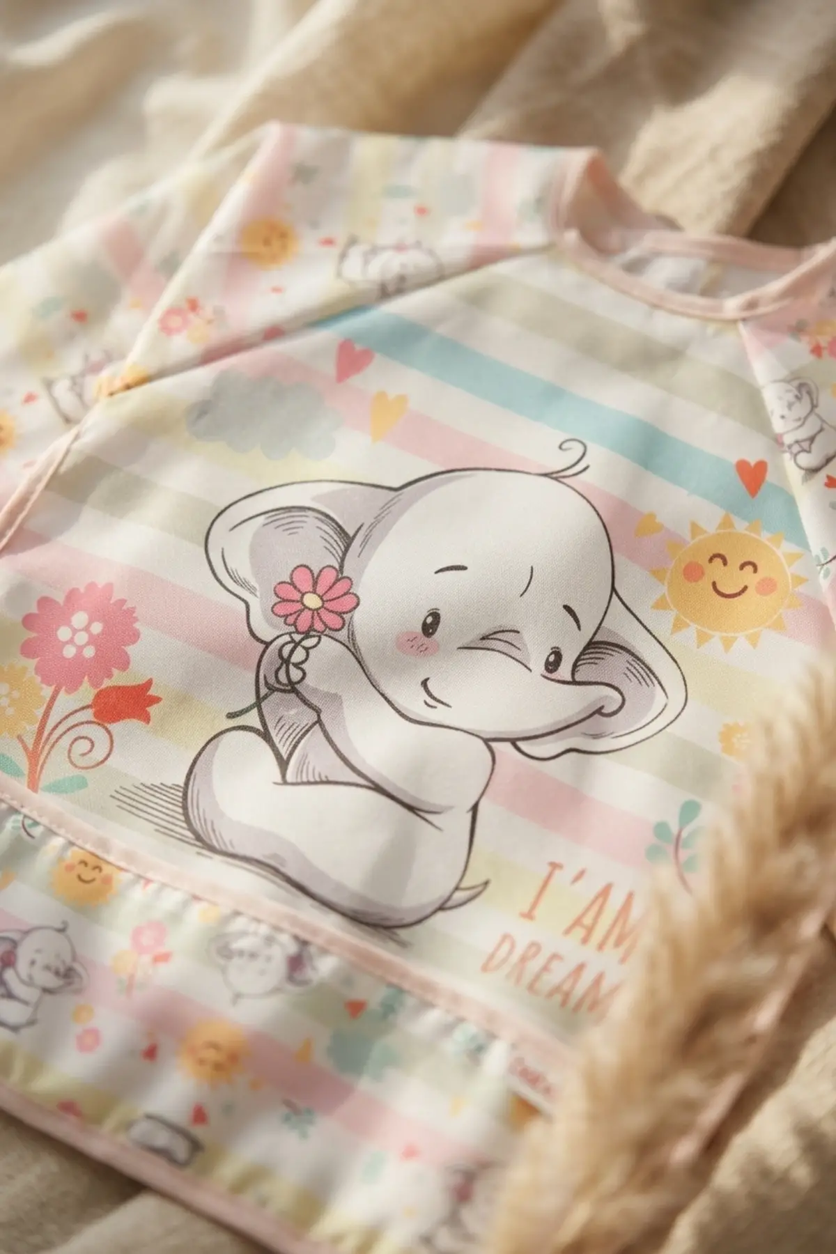 Little Dreamer Su Geçirmez Uzun Kollu Bebek Mama Önlüğü - Sevimli Fil Desenli Sıvı Geçirmez Aktivite ve Yemek Önlüğü 6-24 Ay