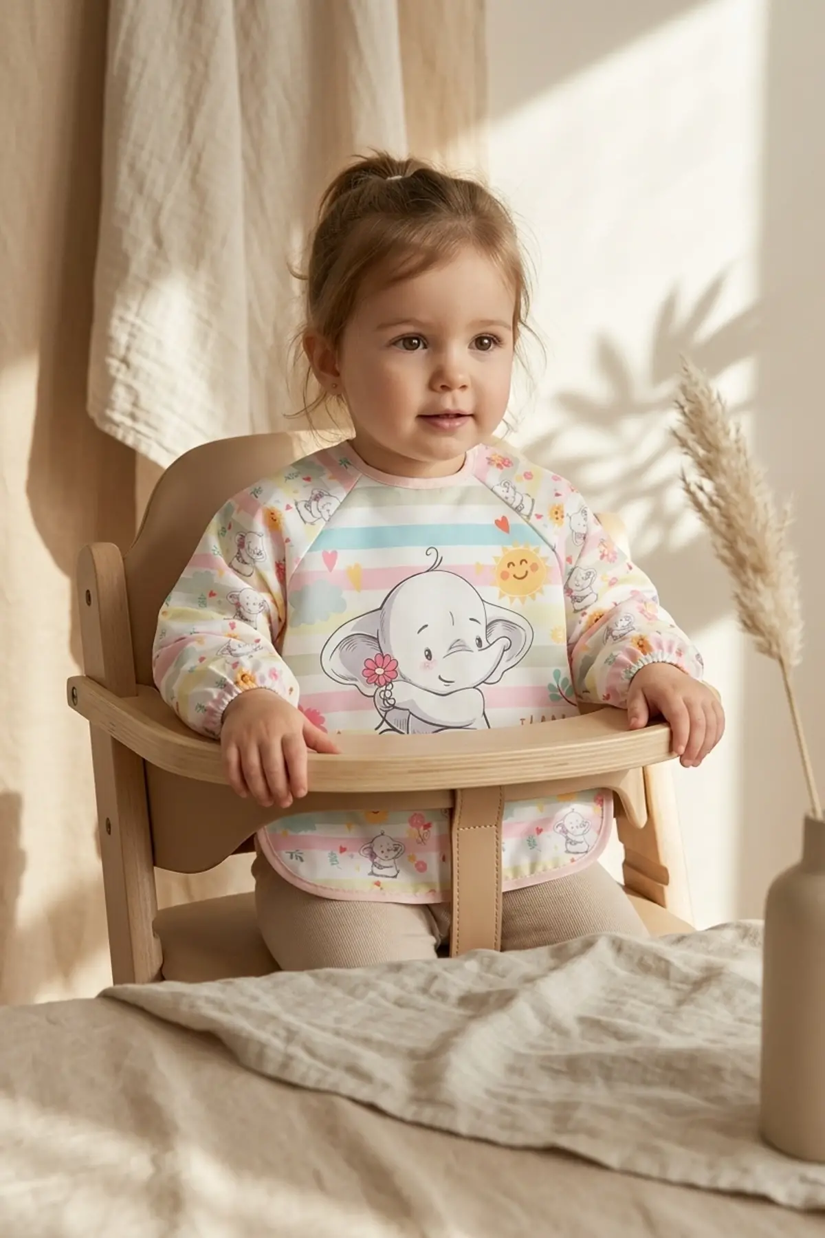 Little Dreamer Su Geçirmez Uzun Kollu Bebek Mama Önlüğü - Sevimli Fil Desenli Sıvı Geçirmez Aktivite ve Yemek Önlüğü 6-24 Ay