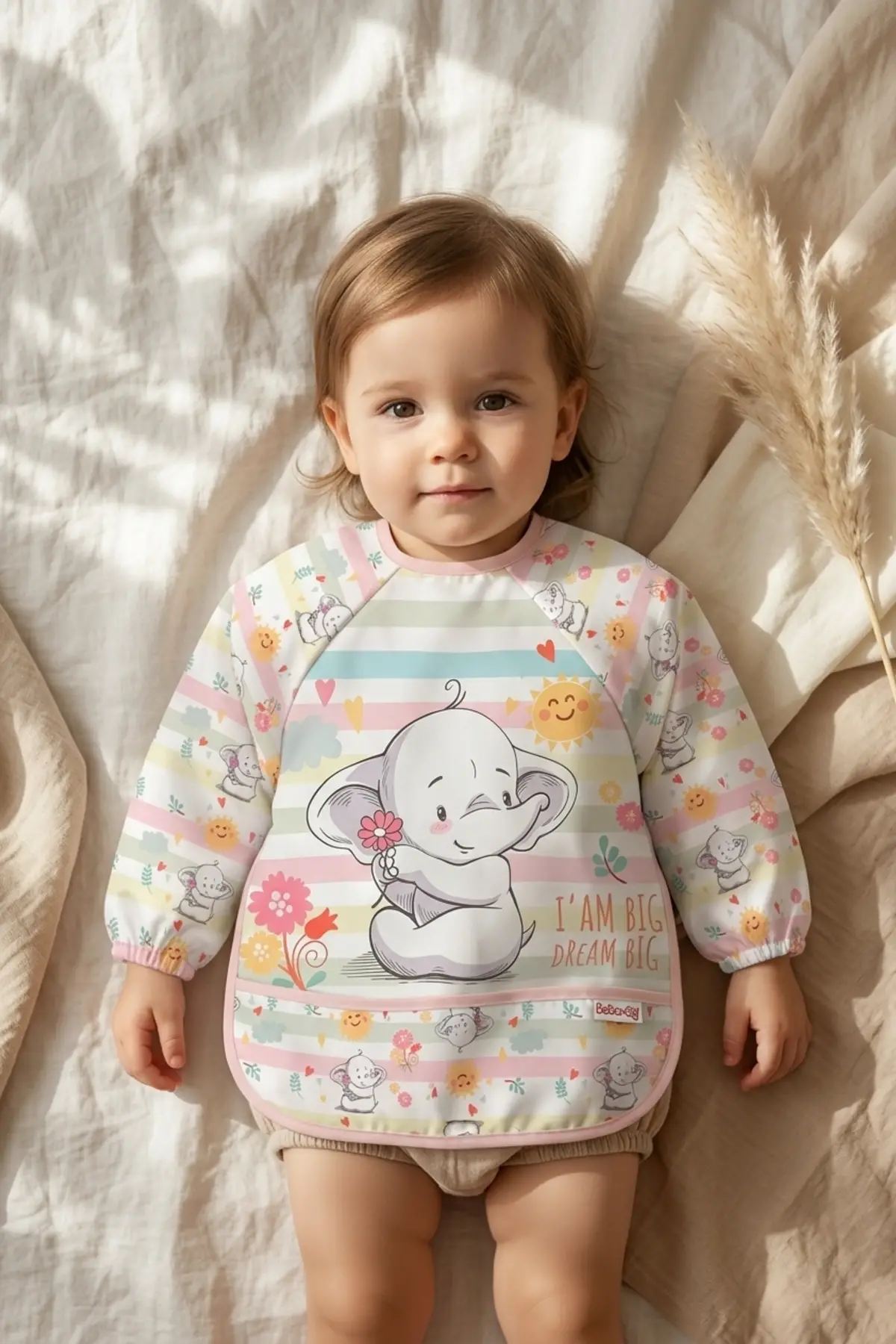 Little Dreamer Su Geçirmez Uzun Kollu Bebek Mama Önlüğü - Sevimli Fil Desenli Sıvı Geçirmez Aktivite ve Yemek Önlüğü 6-24 Ay