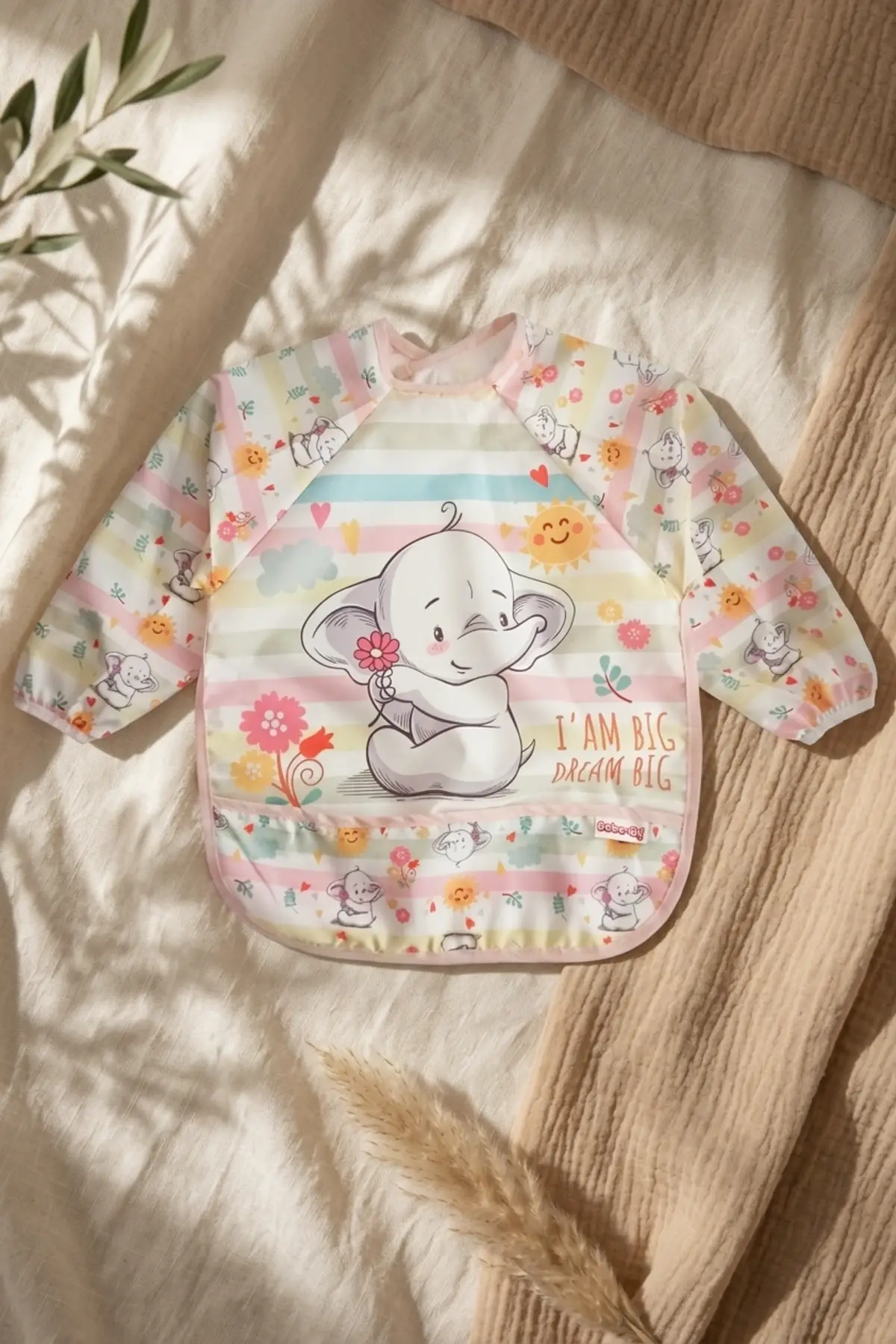 Little Dreamer Su Geçirmez Uzun Kollu Bebek Mama Önlüğü - Sevimli Fil Desenli Sıvı Geçirmez Aktivite ve Yemek Önlüğü 6-24 Ay