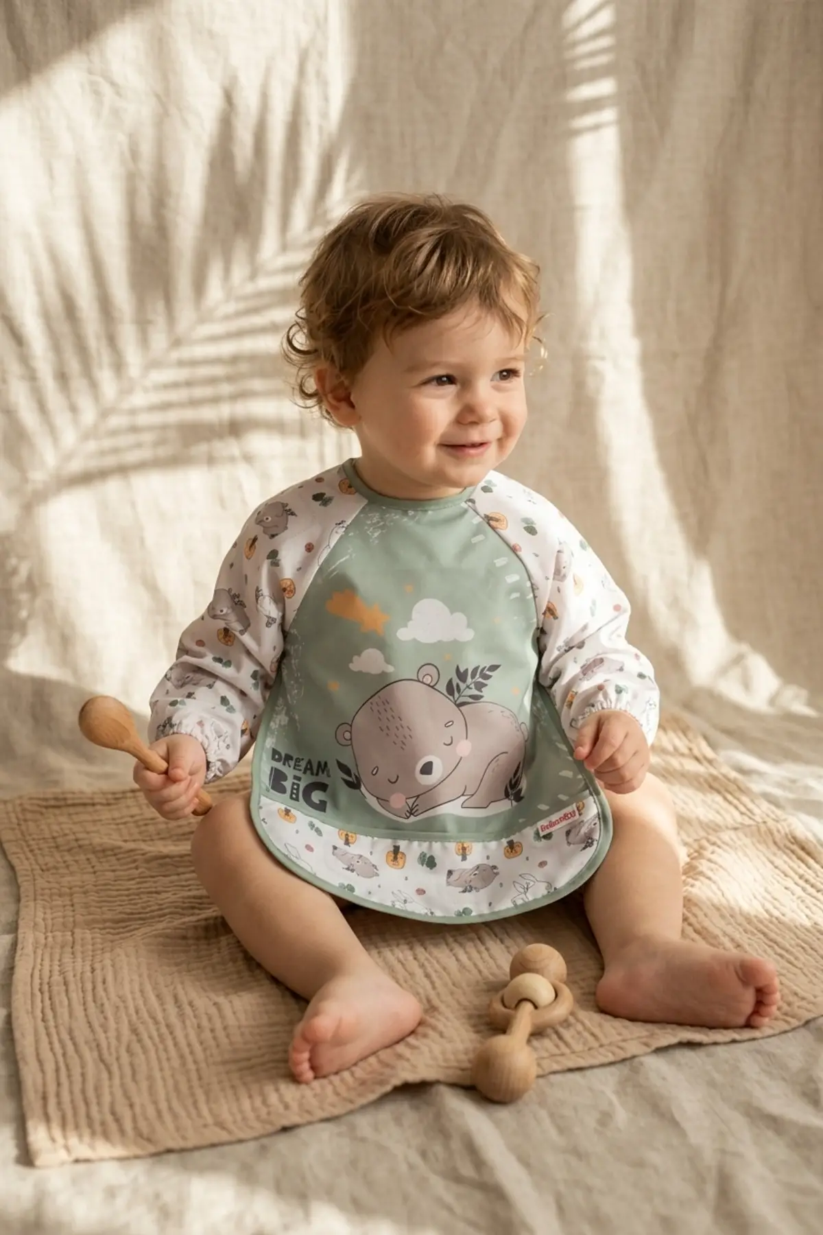 Bambini Su Geçirmez Uzun Kollu Mama Önlüğü 2li Set - Leke Tutmaz, Cepli Ek Gıda ve Aktivite Önlüğü (Zürafa & Koala) 6-24 Ay